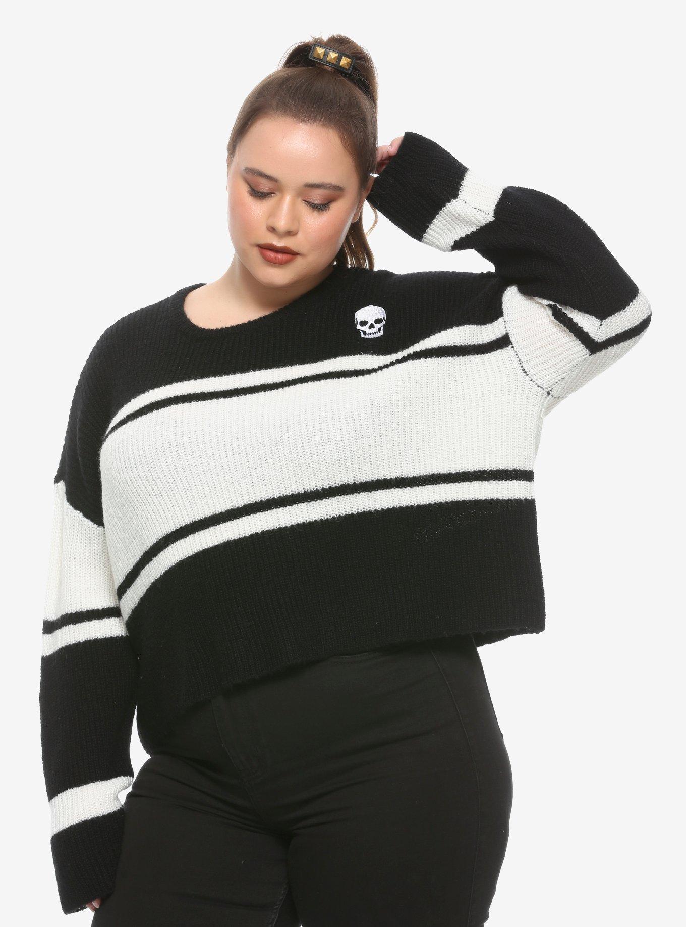 Black & White Skull Girls Crop Sweater Plus Size, BLACK, hi-res