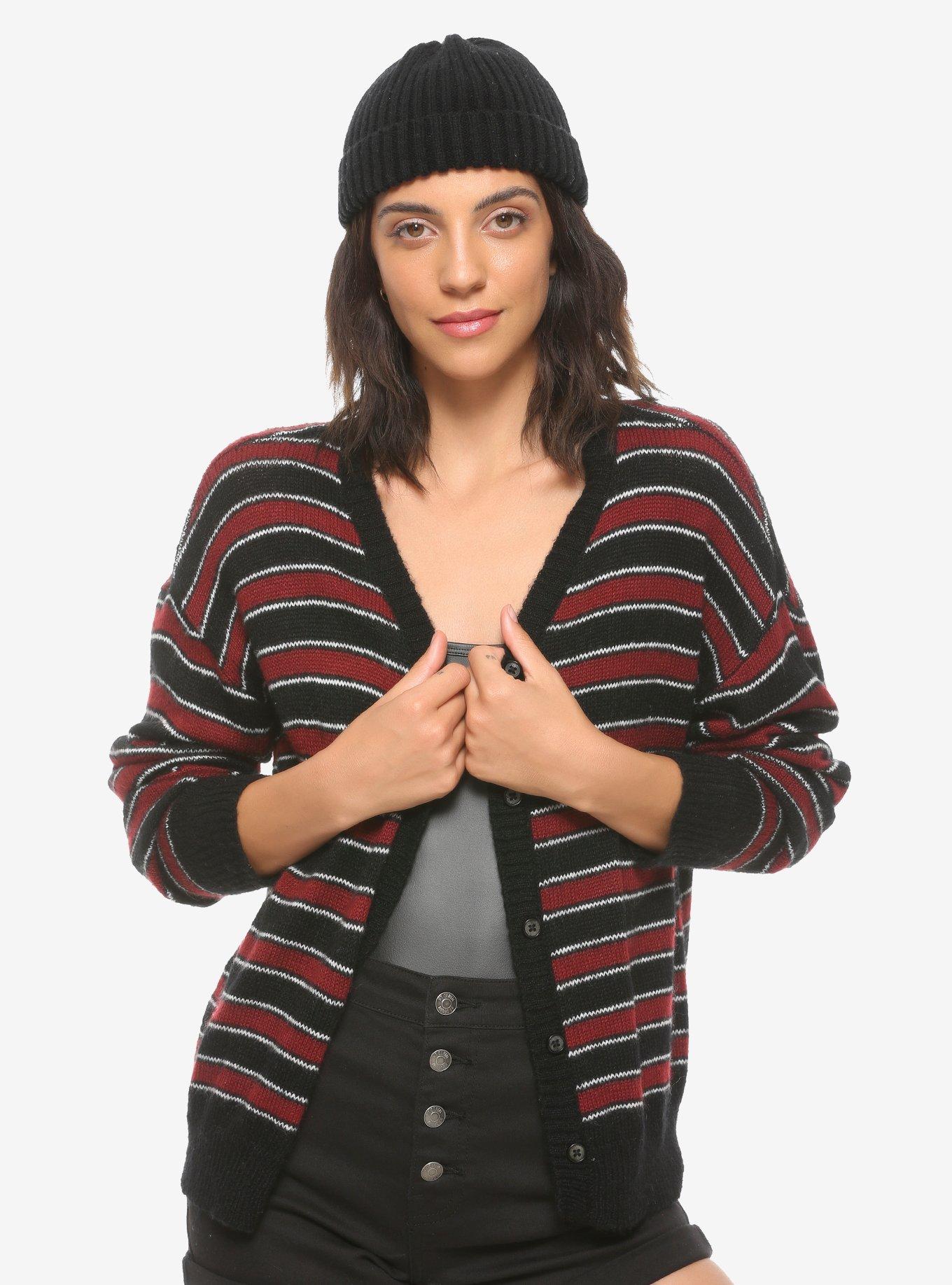 Red Black & White Striped Girls Cardigan, RED, hi-res