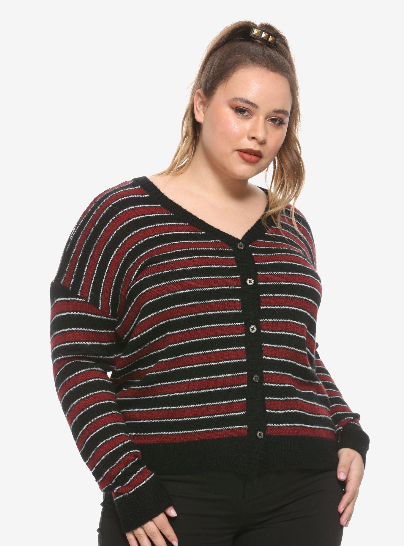 Red Black & White Striped Girls Cardigan Plus Size, RED, hi-res