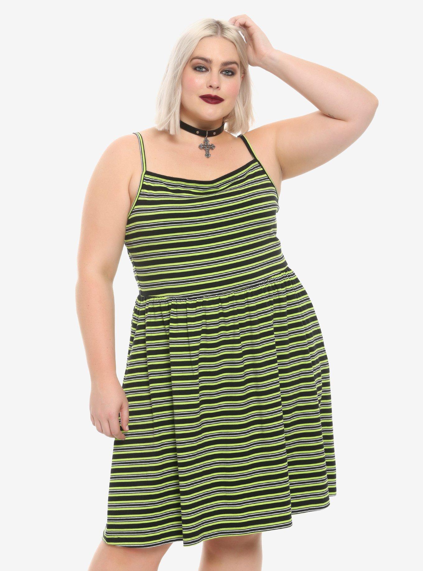 Green & Black Striped Skater Dress Plus Size | Hot Topic
