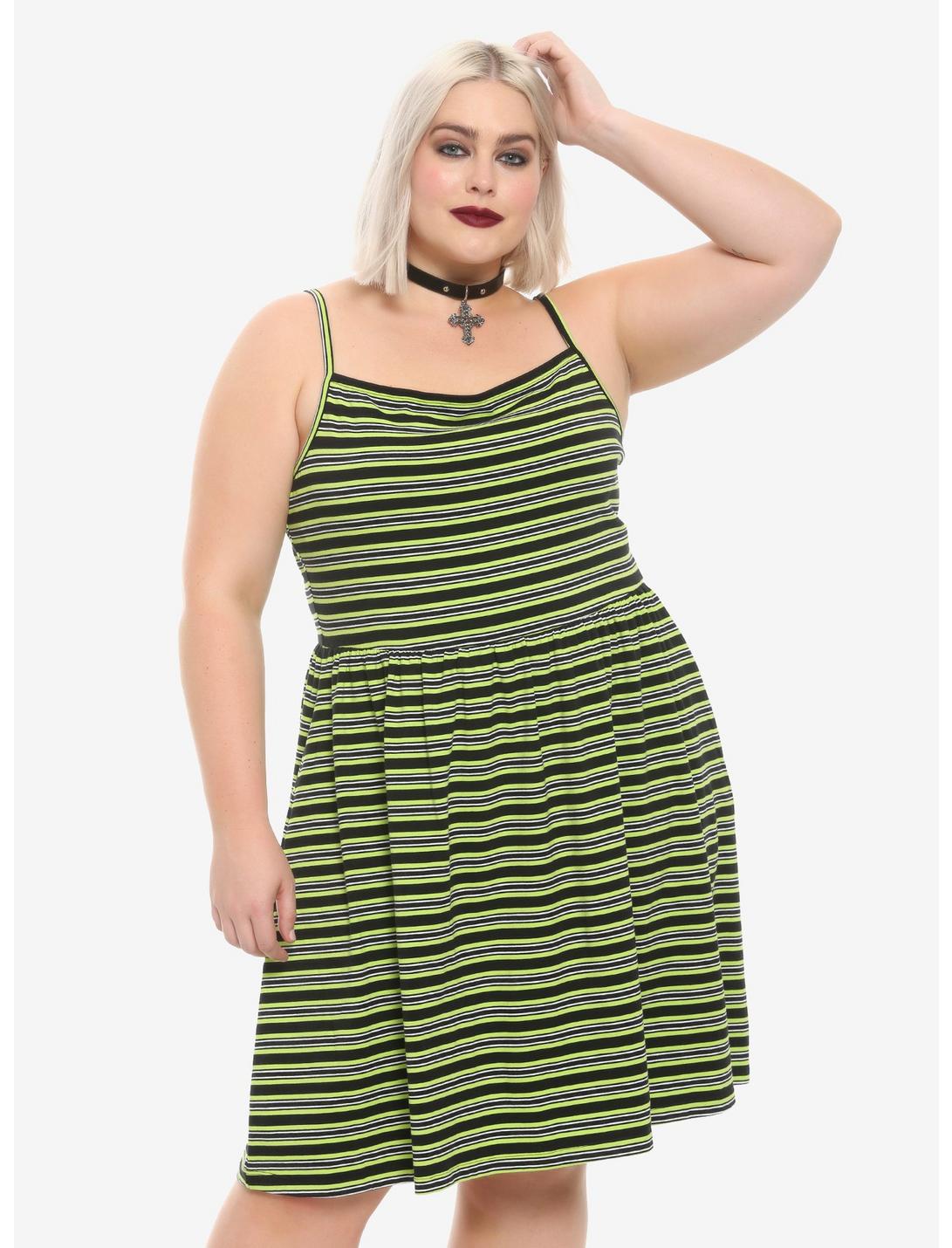 Green & Black Striped Skater Dress Plus Size, STRIPES, hi-res