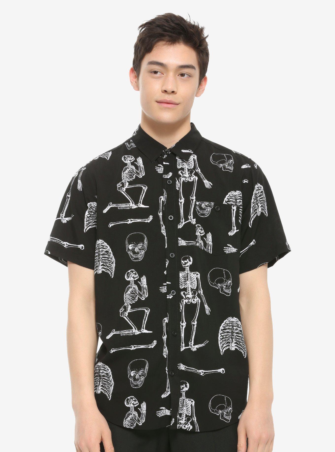 Black & White Skeleton Woven Button-Up, BLACK, hi-res