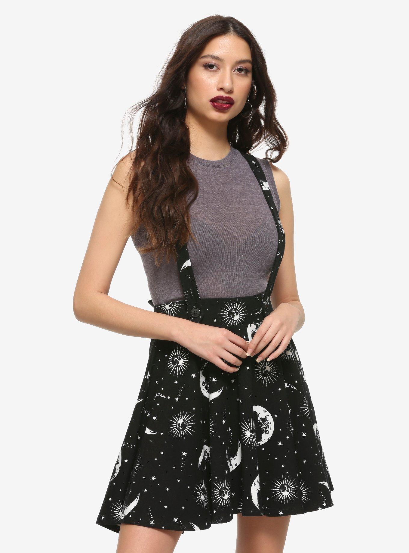 Skull Moon & Sun Suspender Skirt, BLACK, hi-res