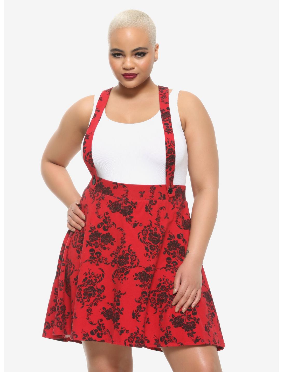Red & Black Damask Suspender Skirt Plus Size, BURGUNDY, hi-res