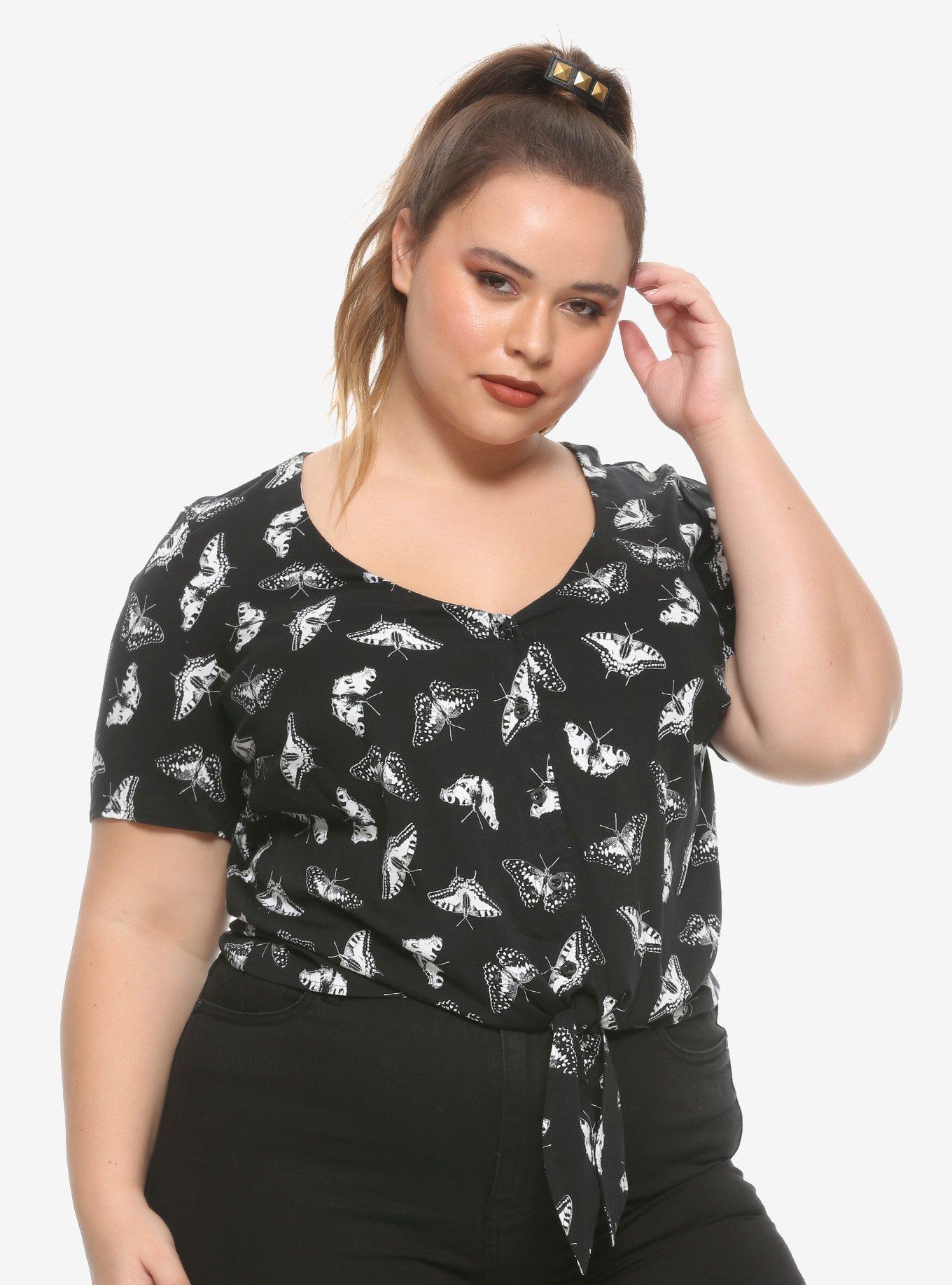 Black & White Butterfly Tie-Front Girls Woven Button-Up Plus Size, WHITE, hi-res
