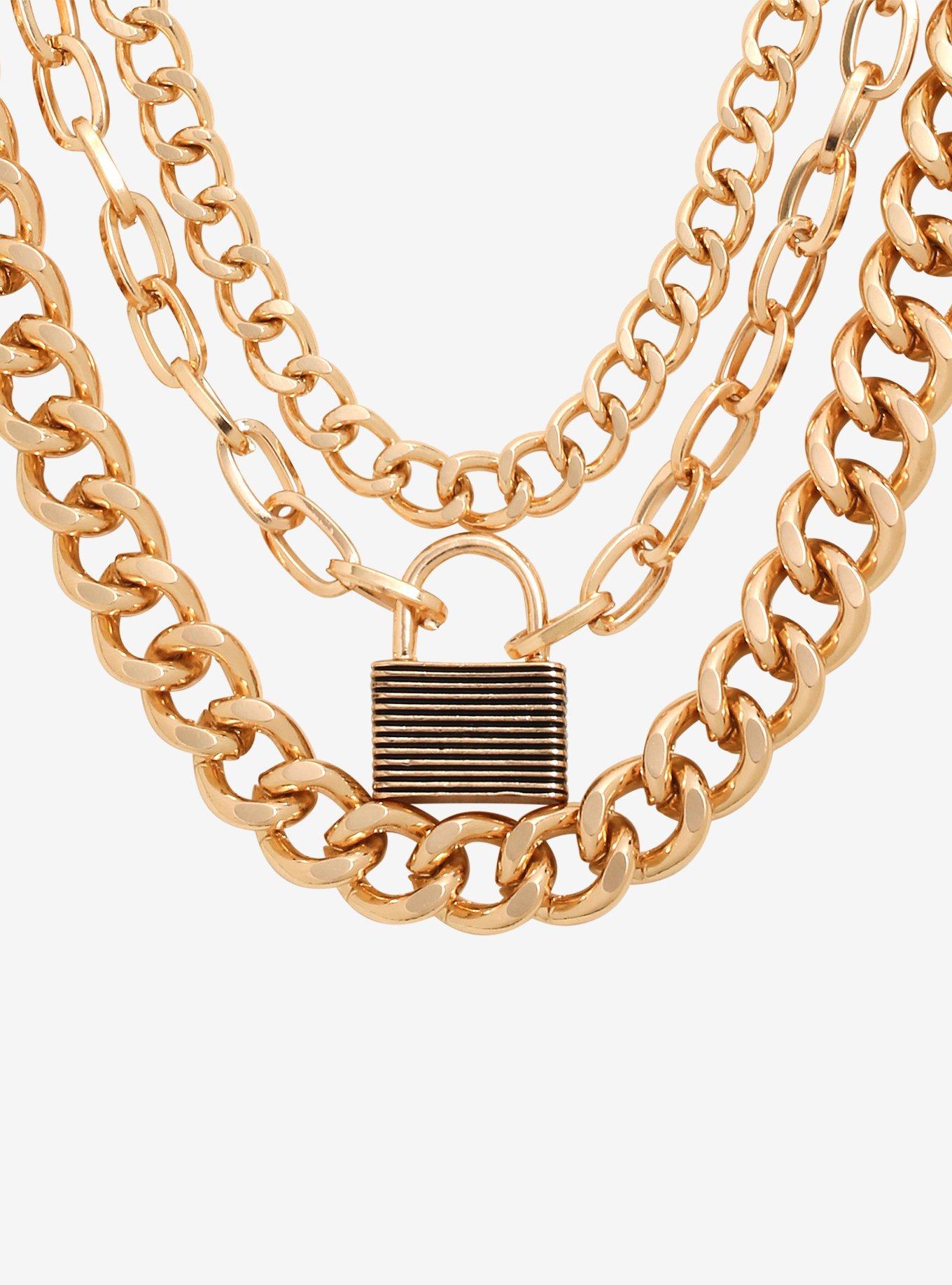 Gold Padlock Chain Necklace Set, , hi-res
