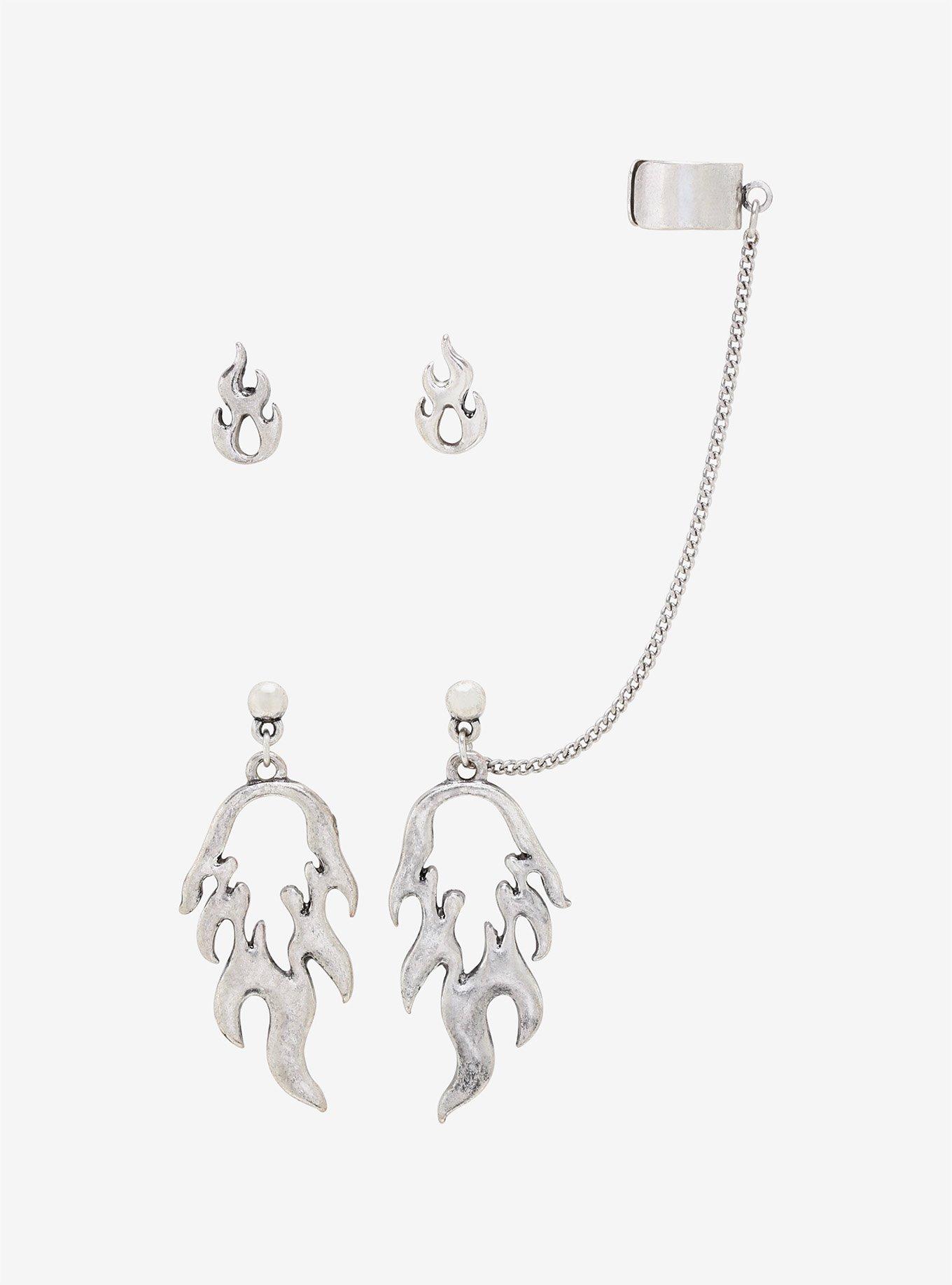 Silver Flame Cuff Earring Set, , hi-res