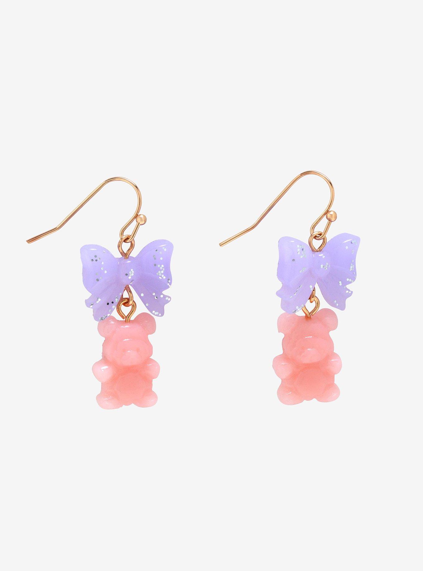Pink Candy Bear & Purple Bow Drop Earrings, , hi-res