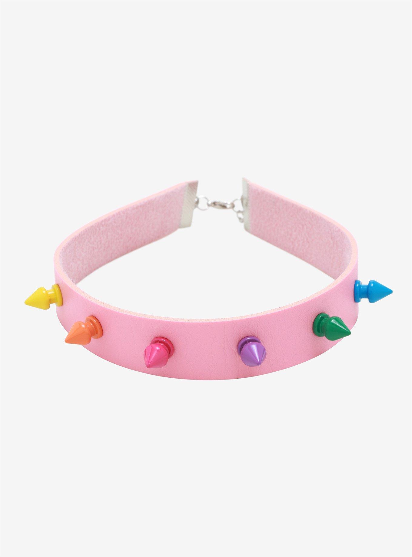 Rainbow Spike Pink Faux Leather Choker, , hi-res