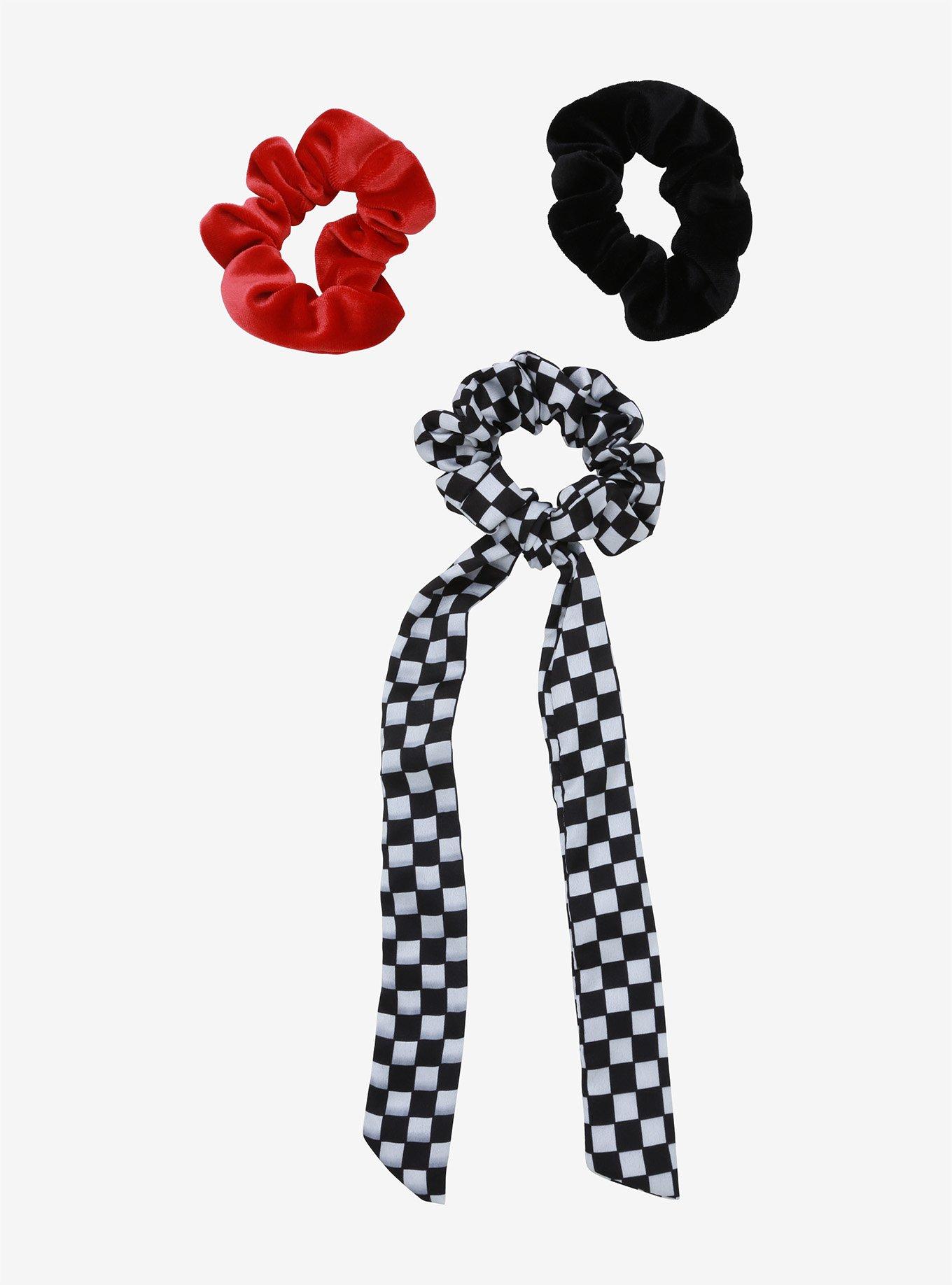 Black & White Checkered Long Bow Scrunchie Set, , hi-res