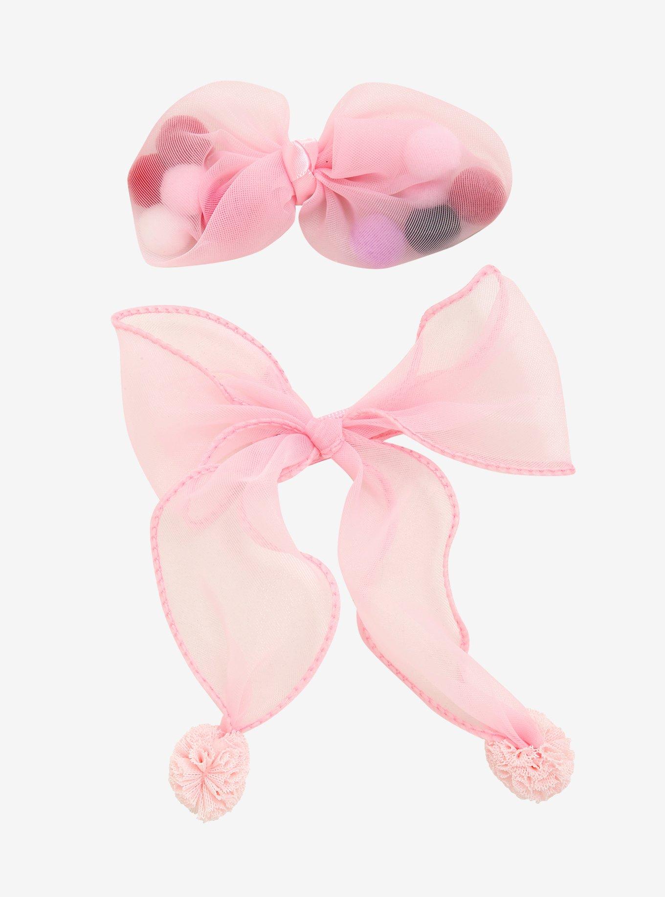 Sheer Pink Bow & Pom-Pom Hair Clip Set, , hi-res