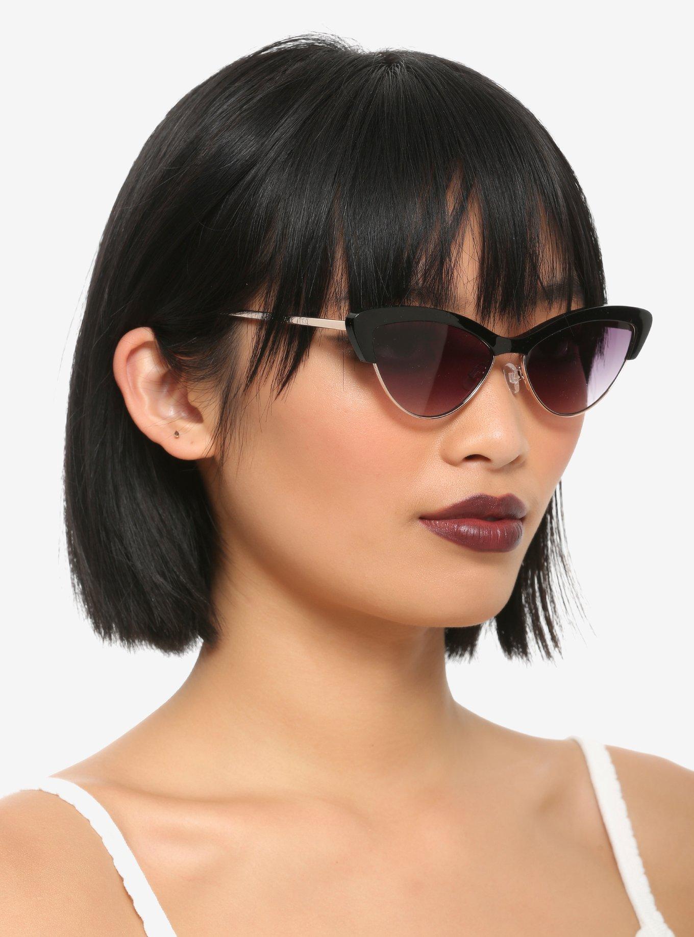 Black Cat Eye Half Rim Sunglasses, , hi-res