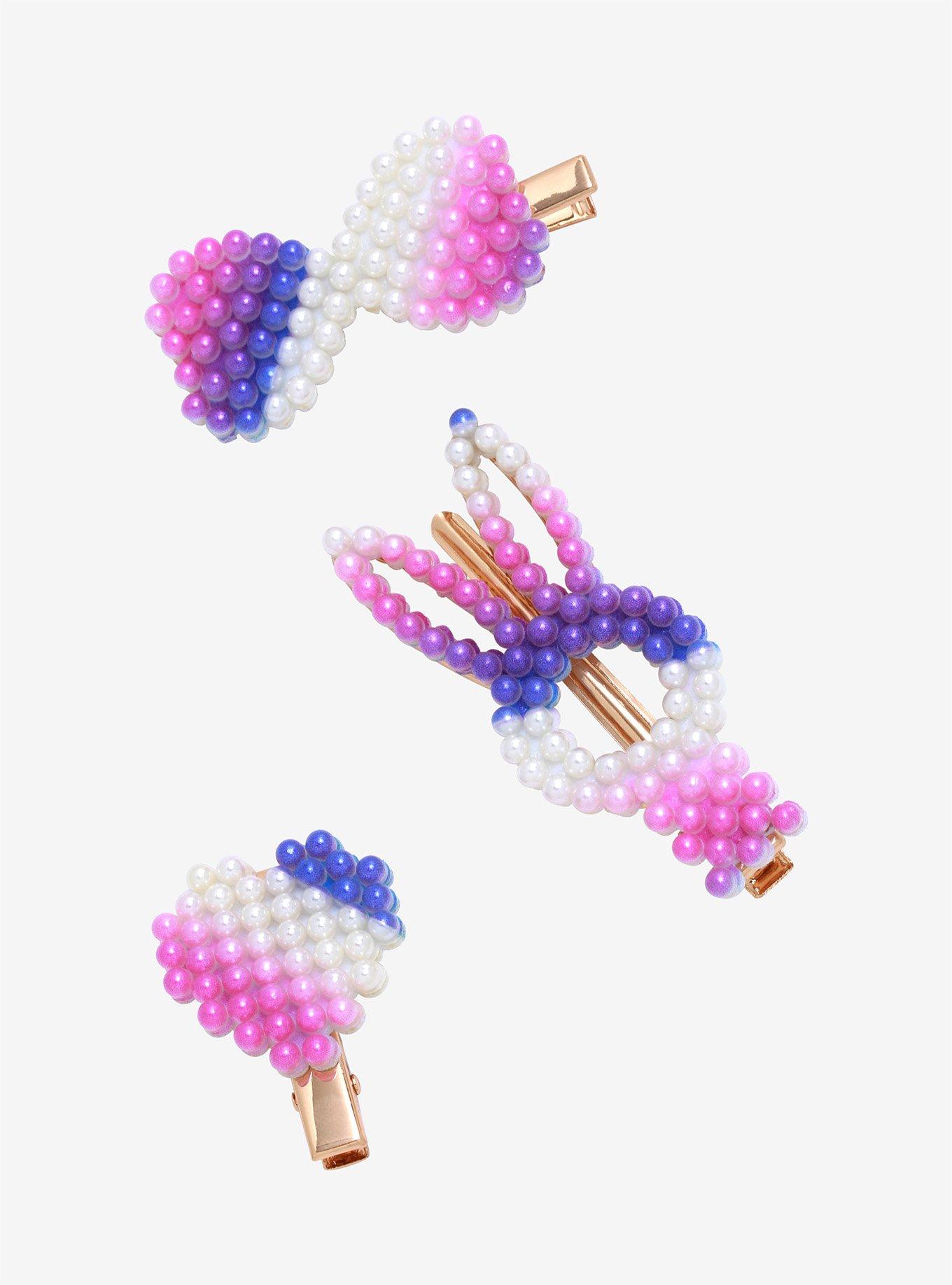 Pink Purple Pearl Bow Hair Clip Set, , hi-res