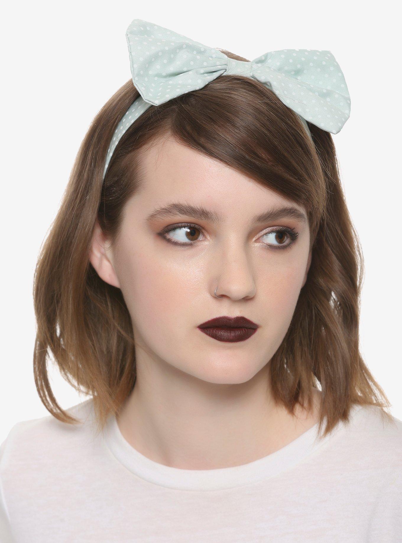 Mint Polka Dot Bow Headband, , hi-res