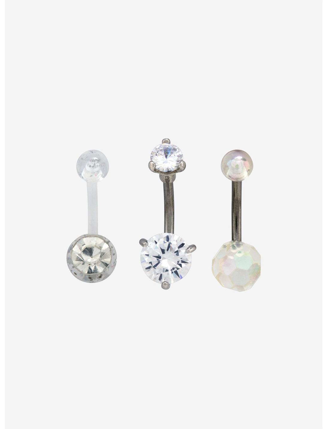 14G Steel & Acrylic Clear & Sparkle Navel Barbell 3 Pack, , hi-res