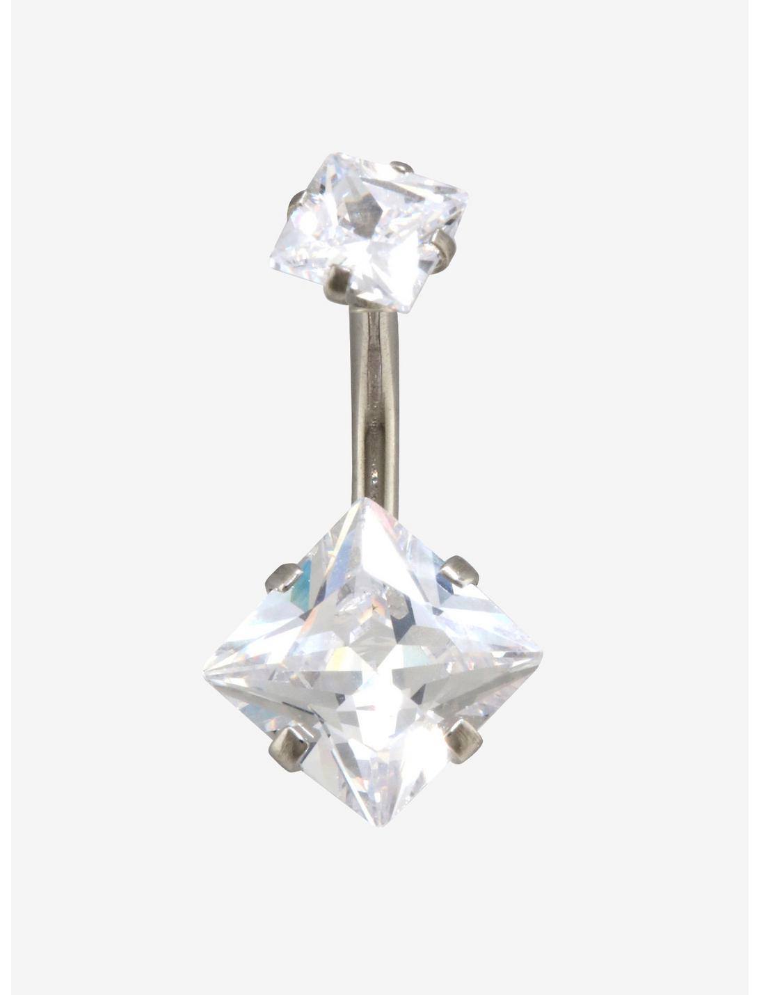 14G Steel Square Clear CZ Navel Barbell, , hi-res