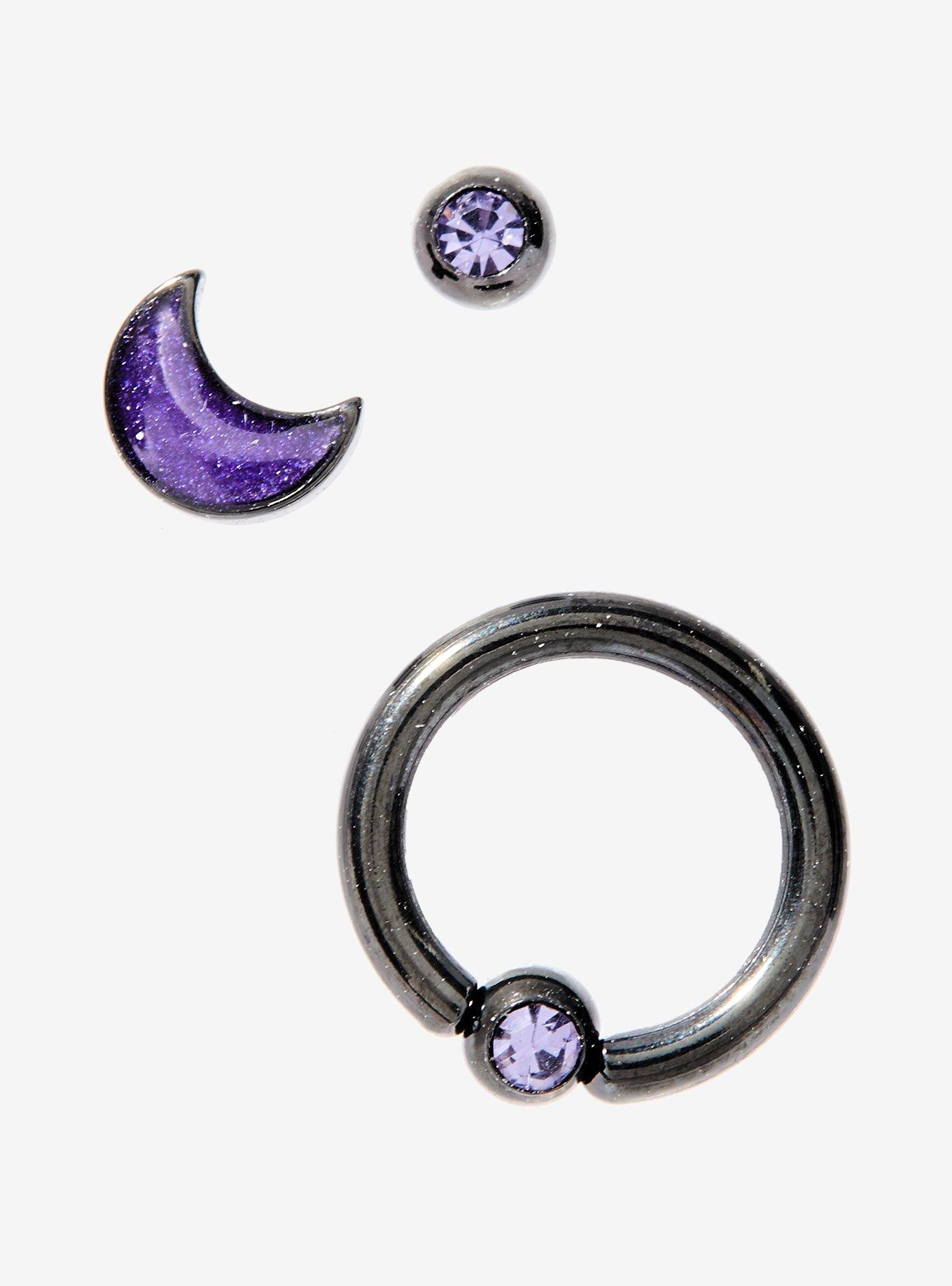 Steel Purple Moon Labret Stud & Hoop 3 Pack, MULTI, hi-res