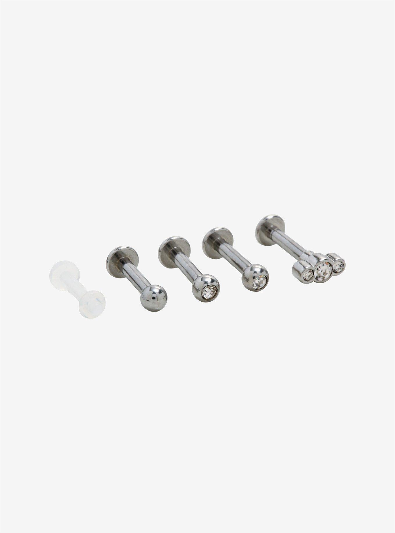 Steel Clear CZ Labret Stud & Retainer 5 Pack, MULTI, hi-res