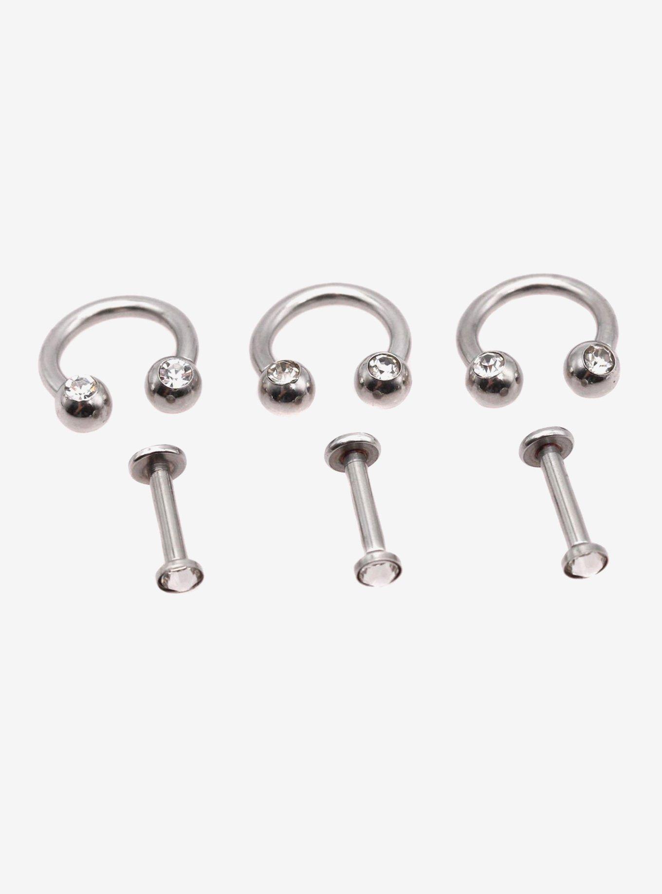 Steel Silver CZ Labret Stud & Circular Barbell 6 Pack, MULTI, hi-res