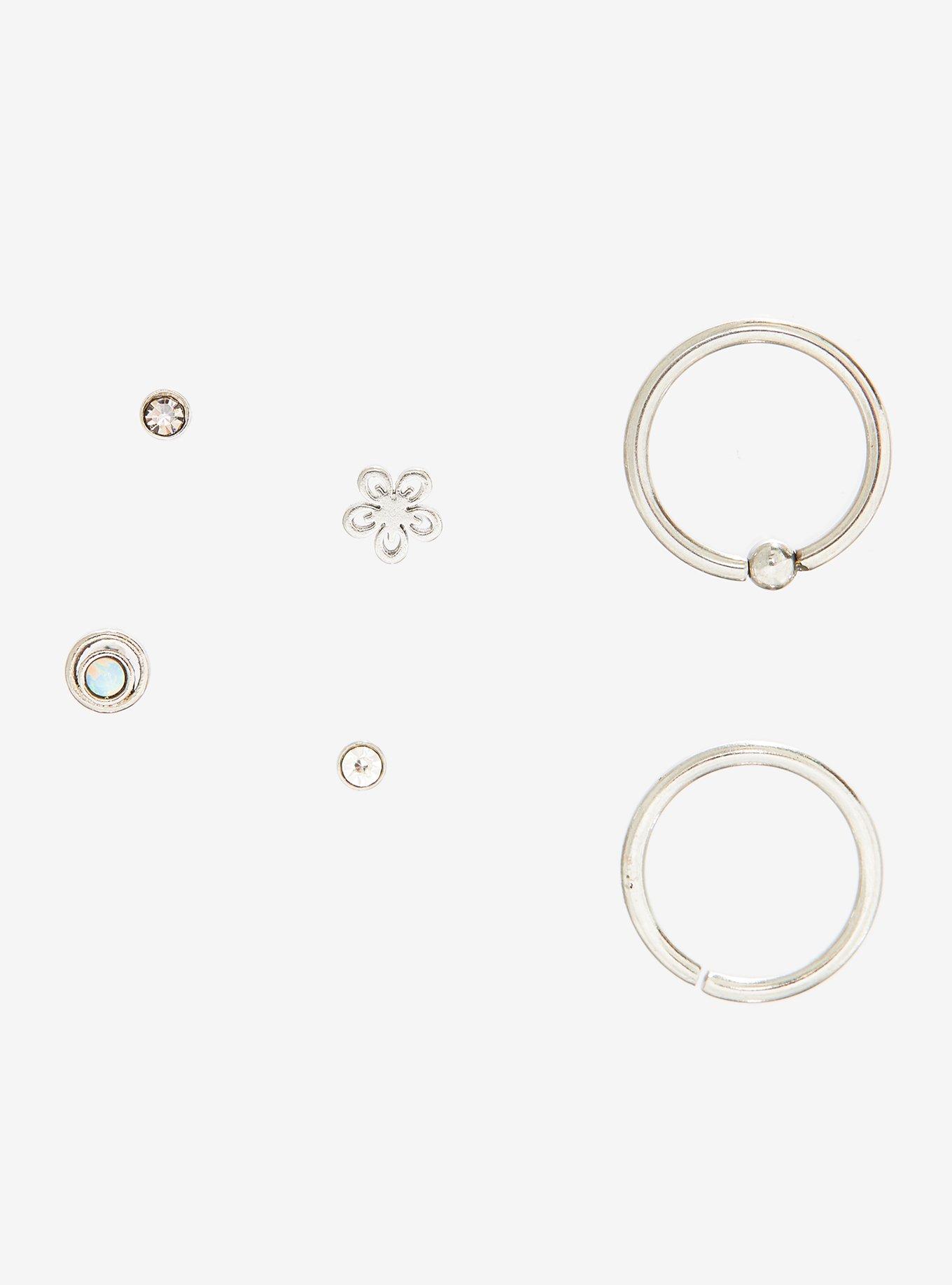 Steel Flower & Halo Nose Stud & Hoop 6 Pack, MULTI, hi-res