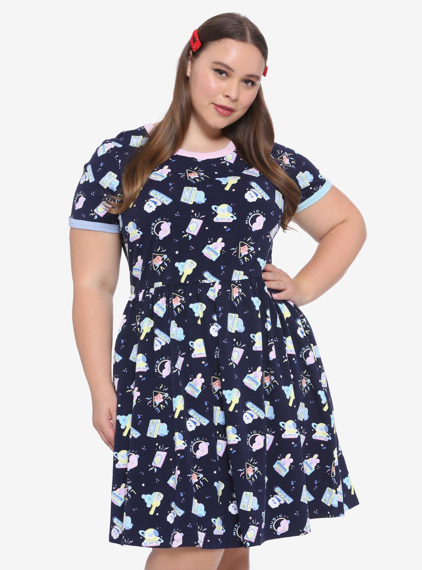 BT21 Pastel Music Print Ringer Dress Plus Size, BLACK, hi-res