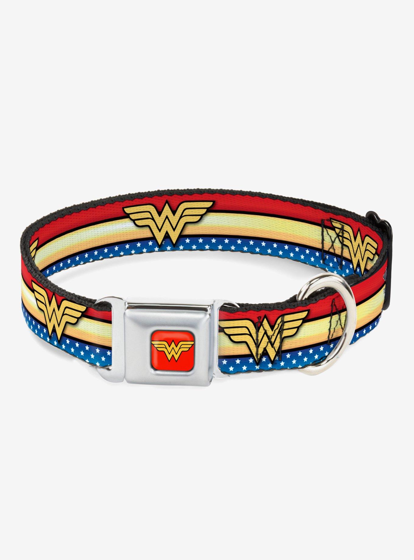 DC Comics Wonder Woman Logo Striped Stars Dog Collar Seatbelt Buckle, , hi-res