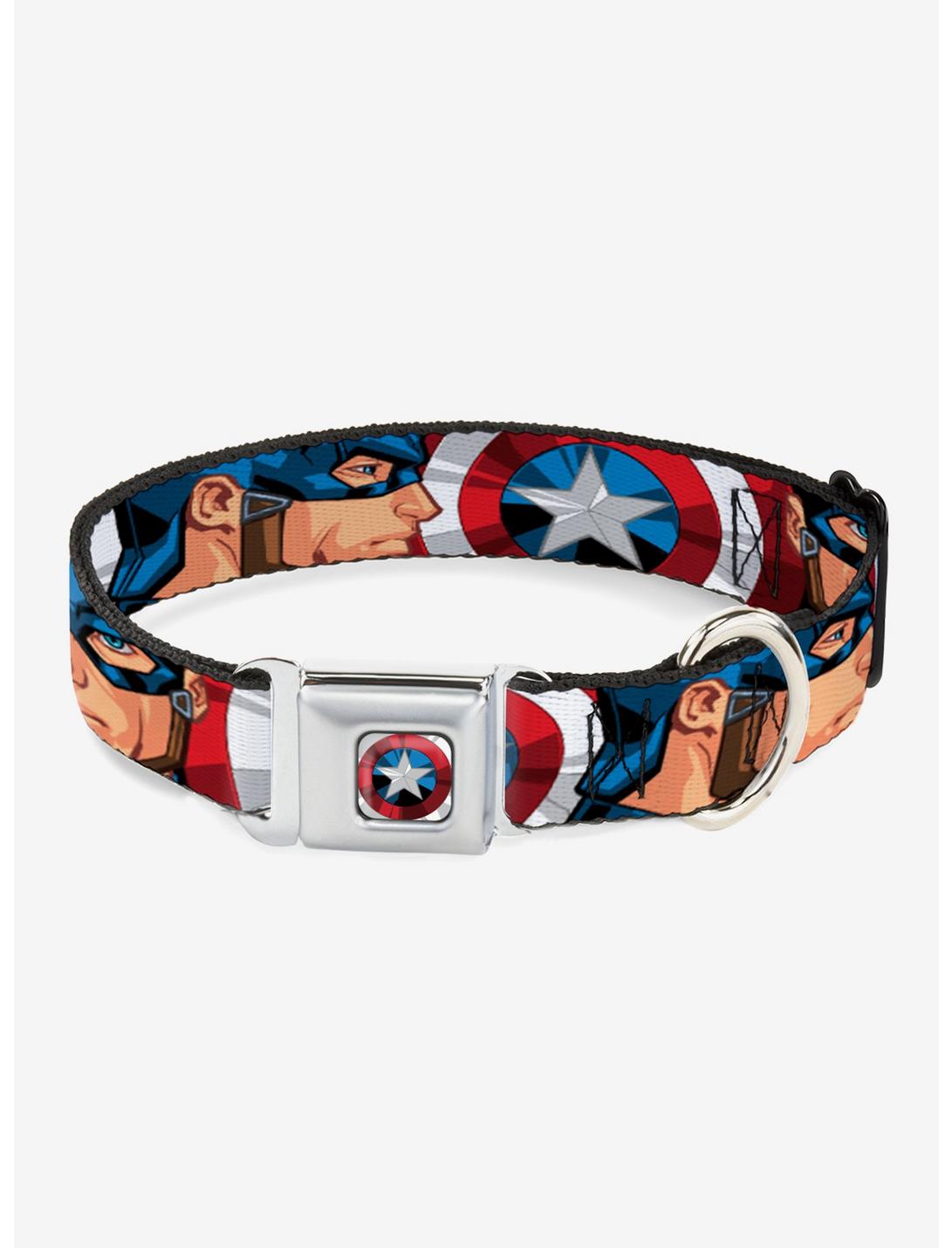 Marvel Captain America Face Turns Shield Close Up Dog Collar Seatbelt Buckle, MULTICOLOR, hi-res