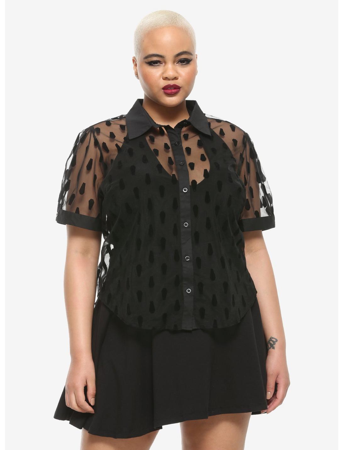 Black Flocked Coffin Sheer Girls Button-Up Plus Size, BLACK, hi-res