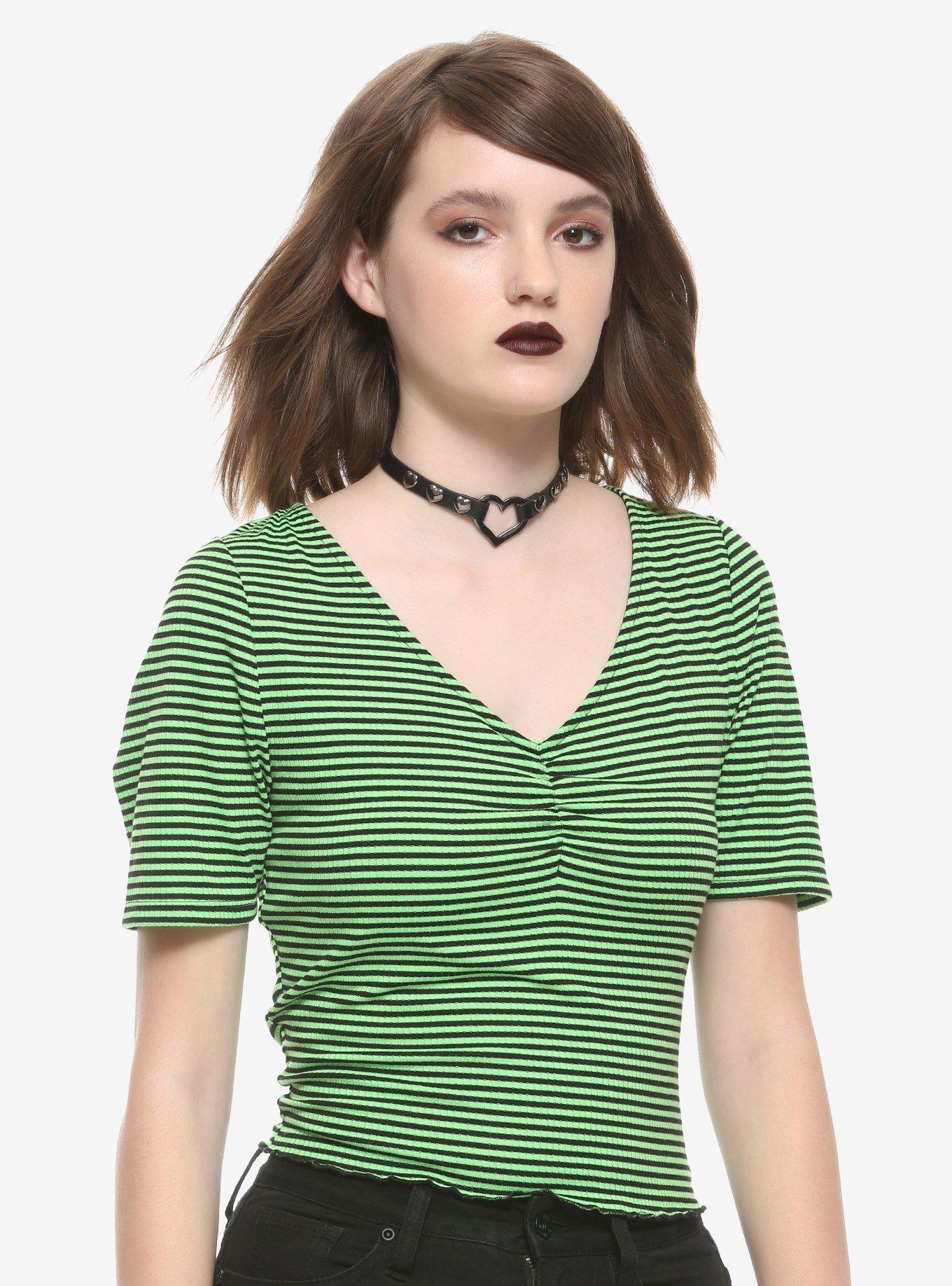 Green & Black Striped Girls Crop T-Shirt