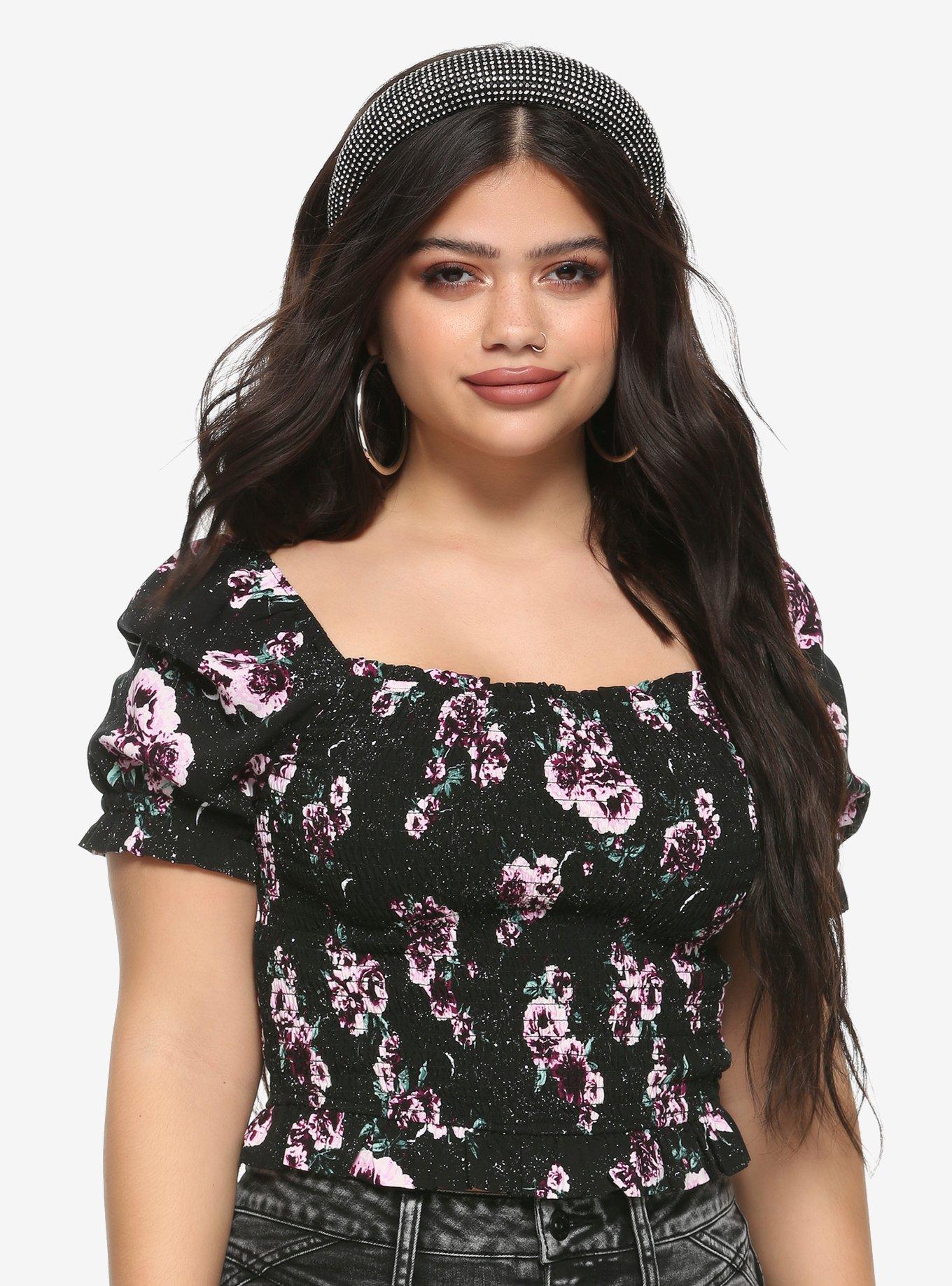 Moon & Roses Girls Crop Peasant Top, PURPLE, hi-res
