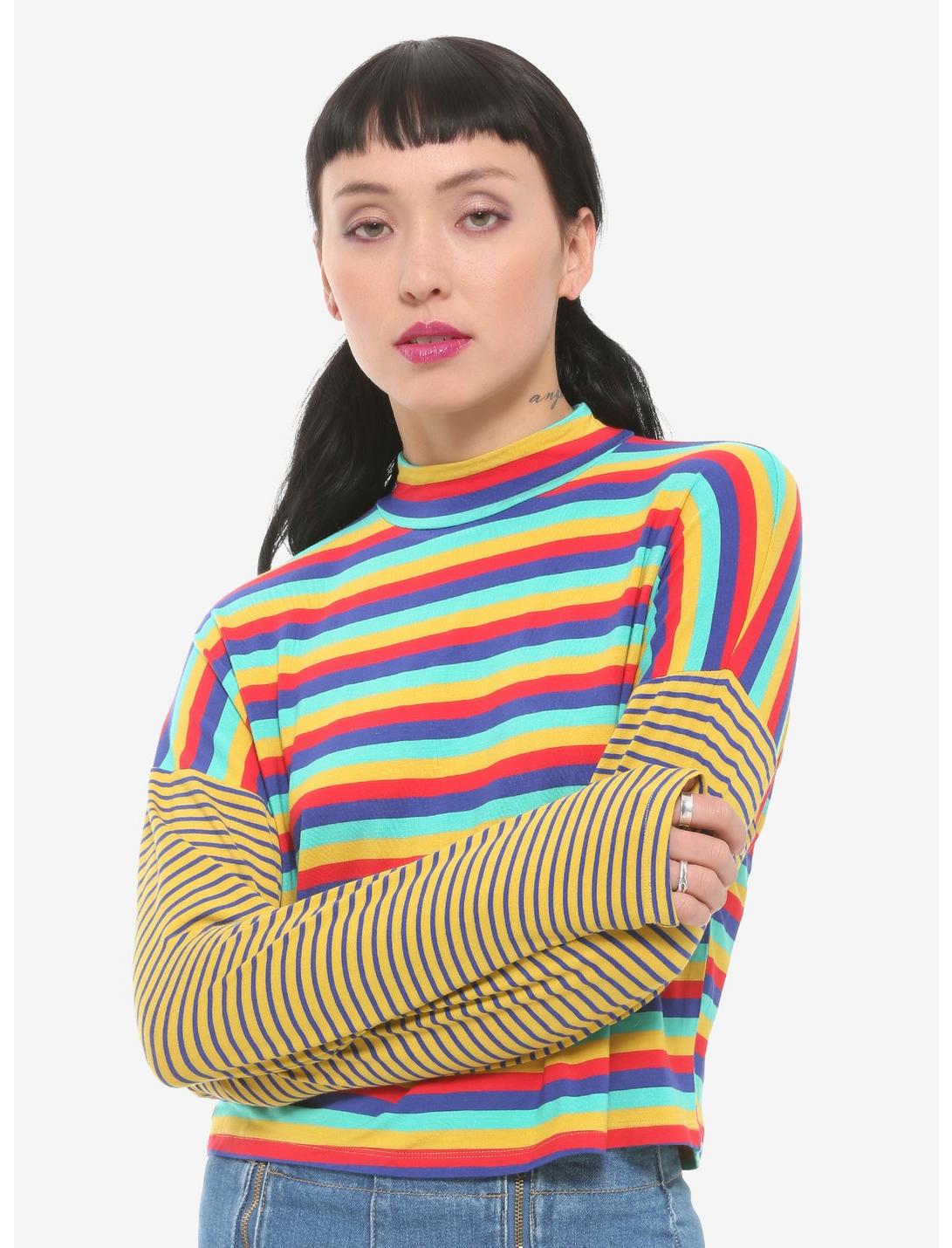 Bright Stripes Mock-Neck Girls Long-Sleeve T-Shirt, MULTI, hi-res