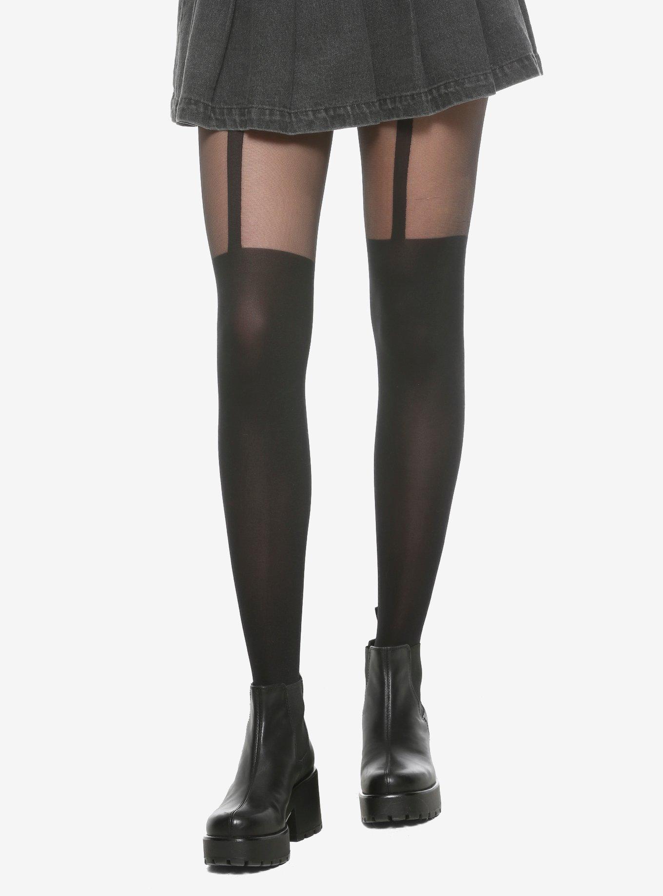 Black Garter Faux Thigh High Tights