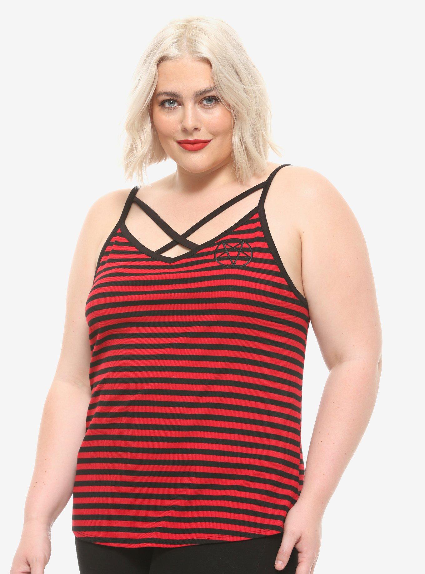Red & Black Stripe Pentagram Girls Strappy Tank Top Plus Size, BLACK, hi-res