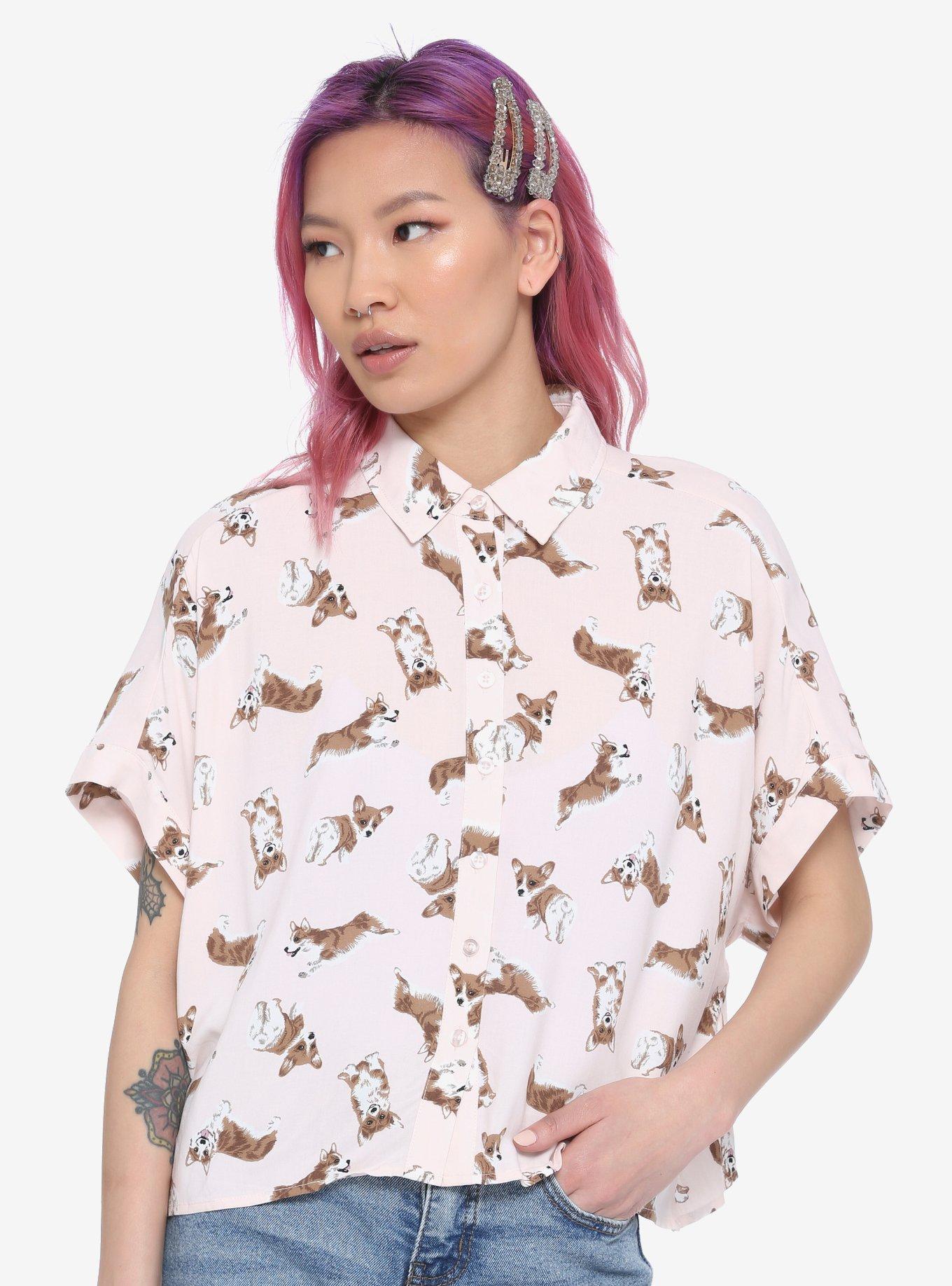 Corgi Girls Oversized Crop Woven Button-Up, MULTI, hi-res