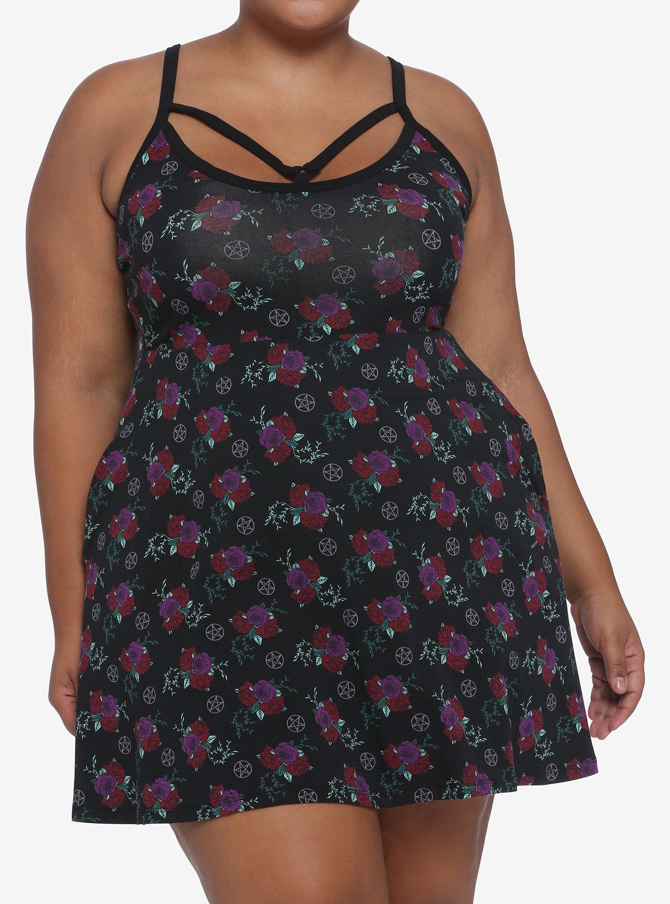 Rose & Pentagram Strappy Dress Plus Size, FLORAL, hi-res