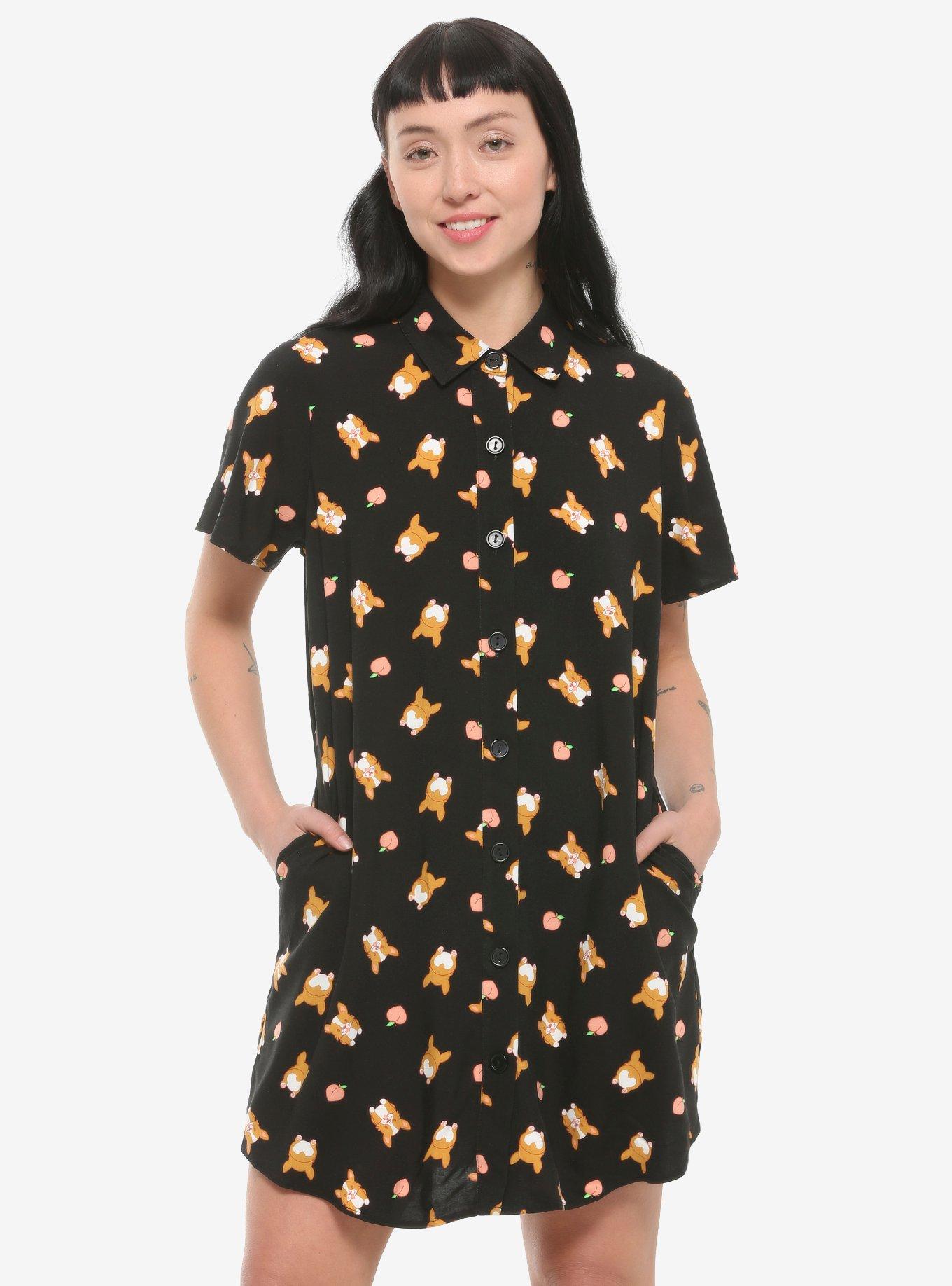 Corgi & Peach Woven Button-Up Dress, BLACK, hi-res