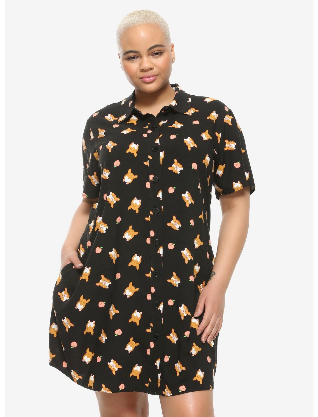 Corgi & Peach Woven Button-Up Dress Plus Size, BLACK, hi-res