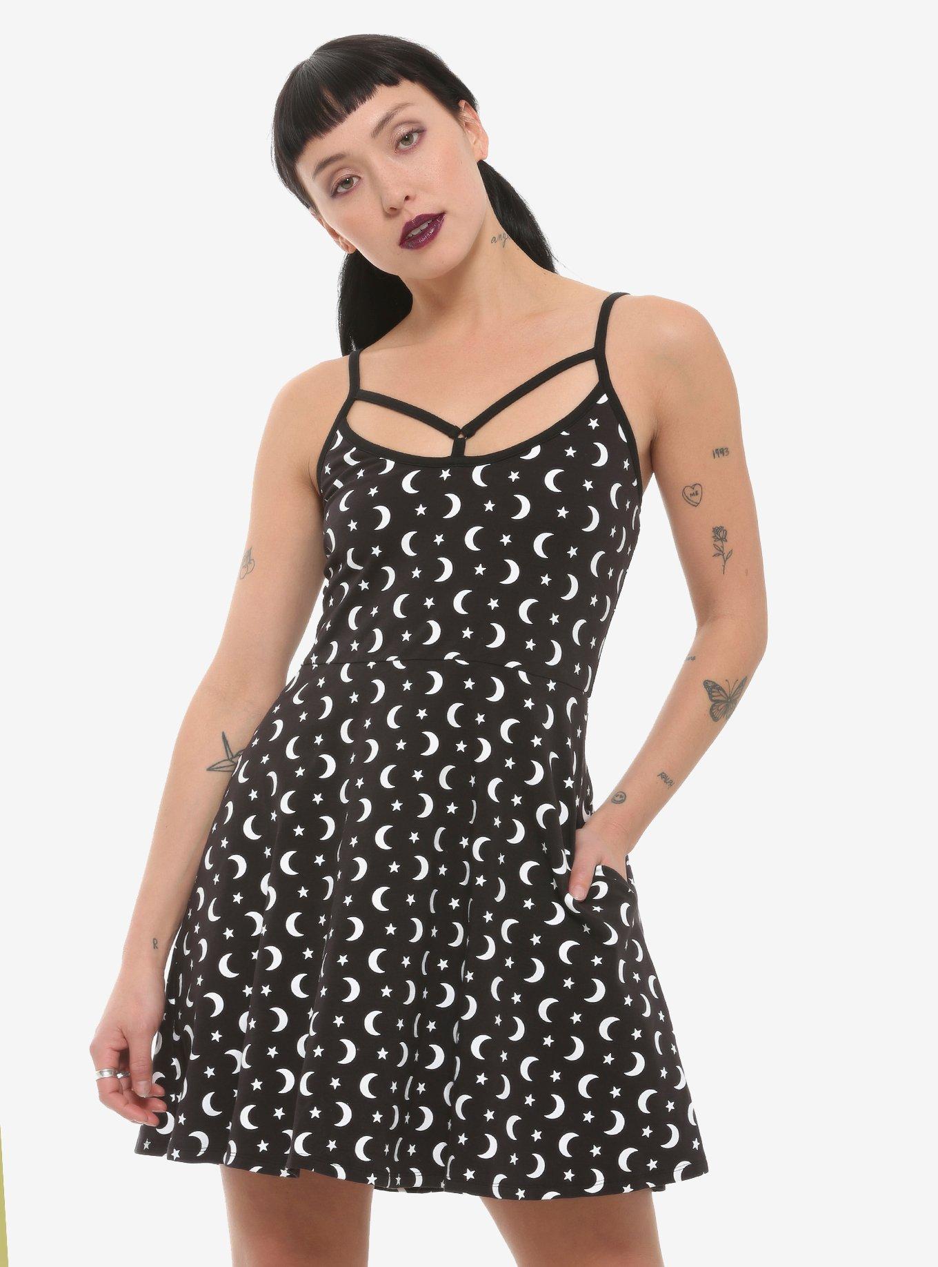 Black & White Moons & Stars Strappy Dress, BLACK, hi-res