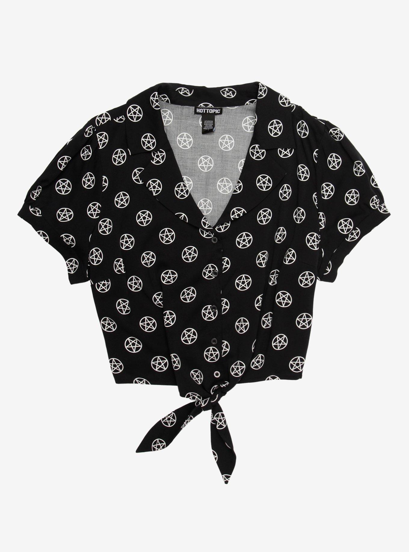 Pentagram Tie-Front Girls Woven Button-Up Plus Size, WHITE, hi-res