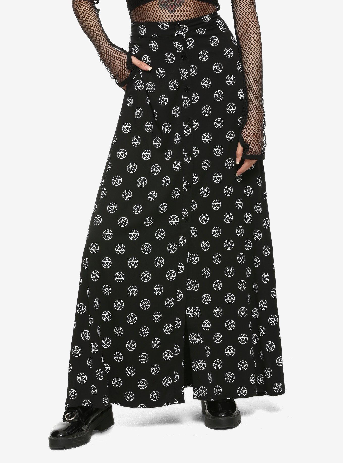 Black & White Pentagrams Maxi Skirt, BLACK, hi-res