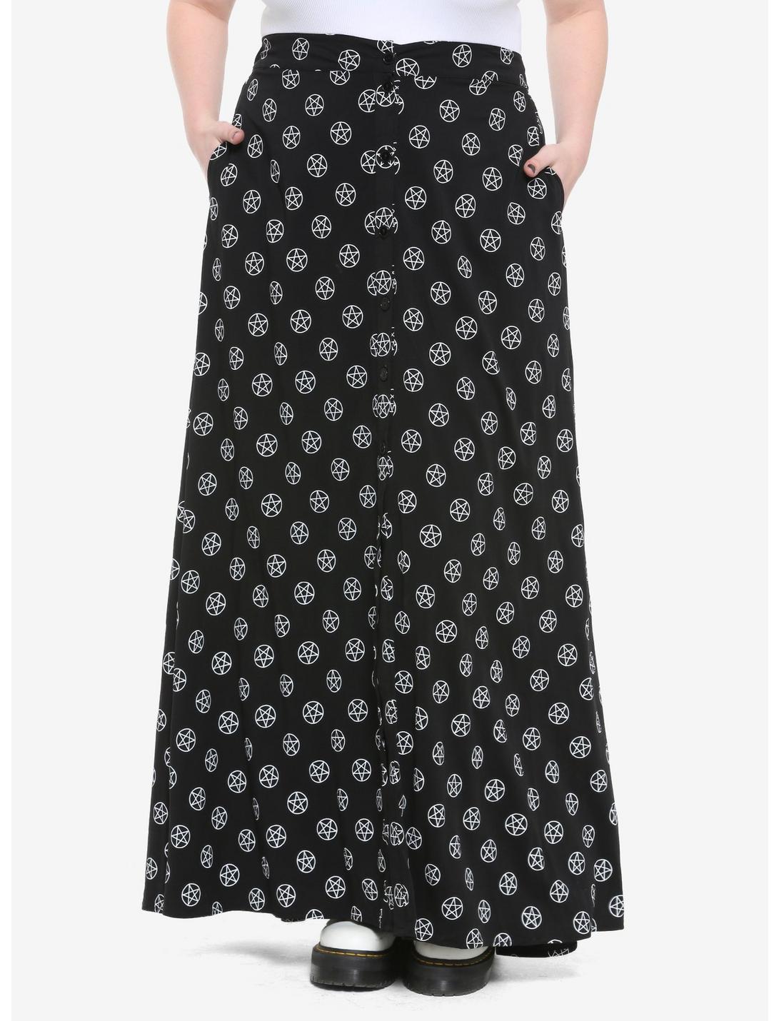 Black & White Pentagrams Maxi Skirt Plus Size, BLACK, hi-res