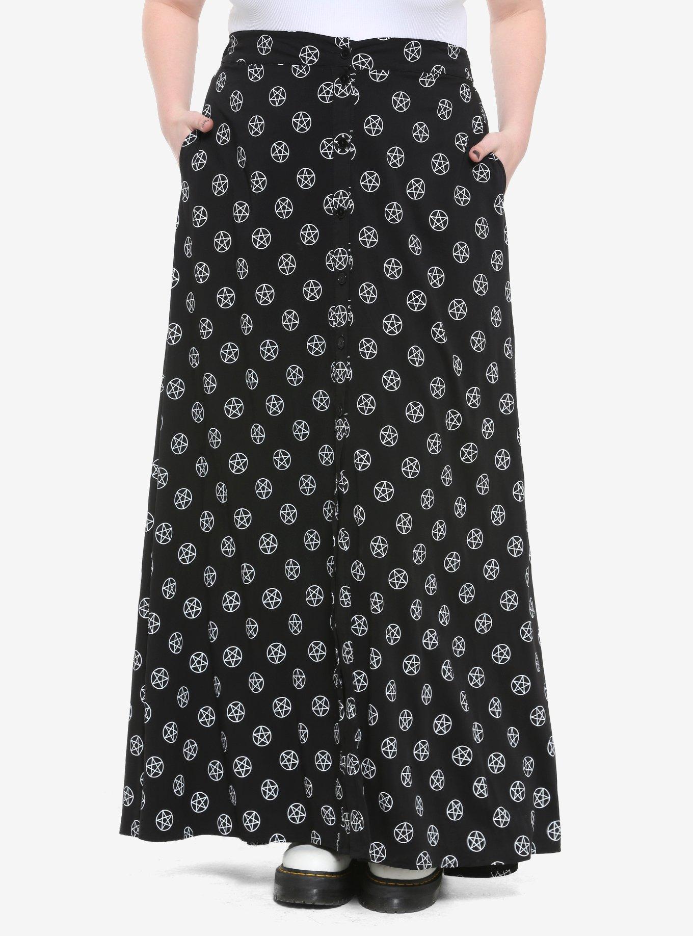 Black & White Pentagrams Maxi Skirt Plus Size, BLACK, hi-res