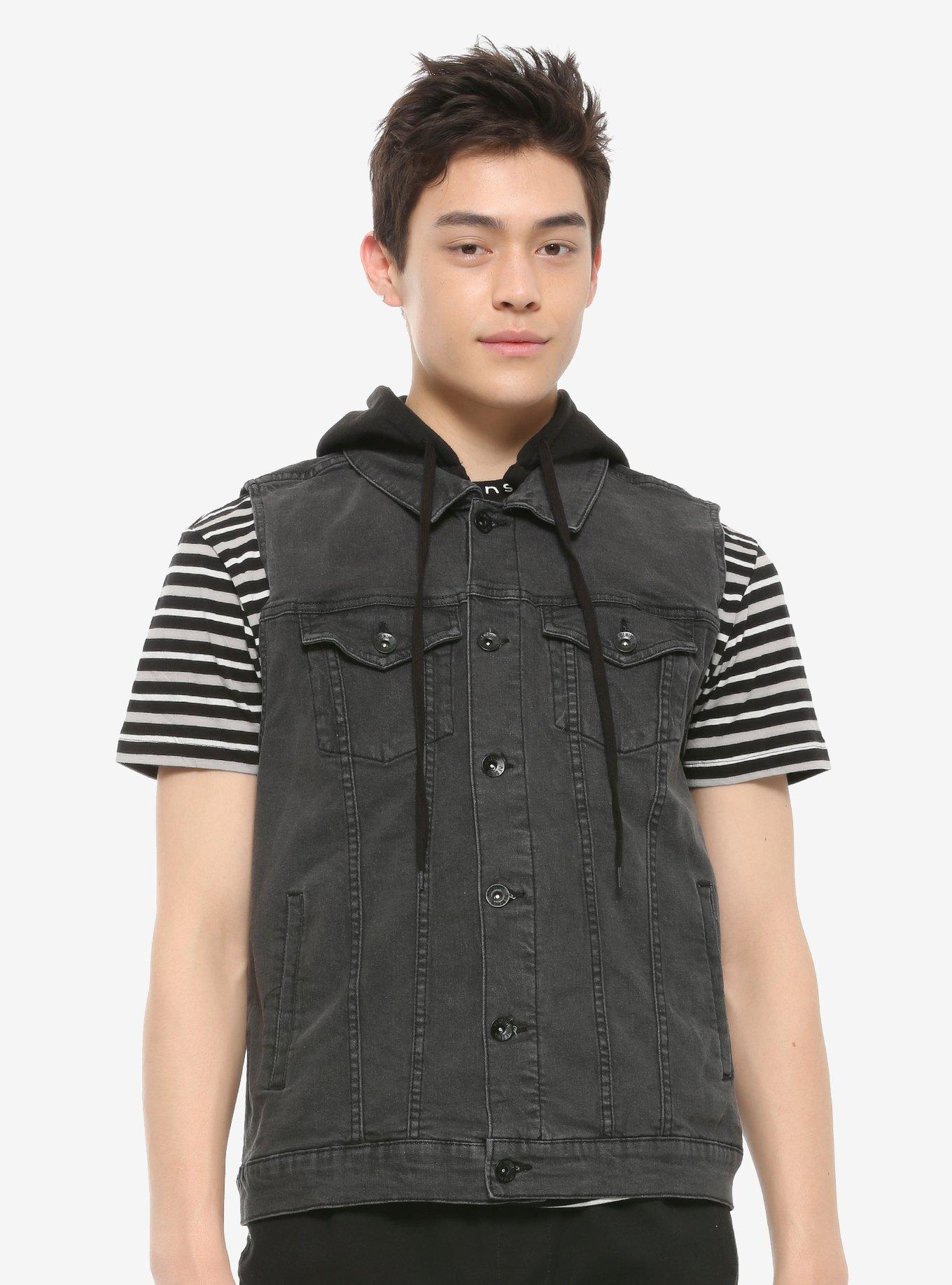 Black Washed Removable Hood Denim Vest, BLACK, hi-res