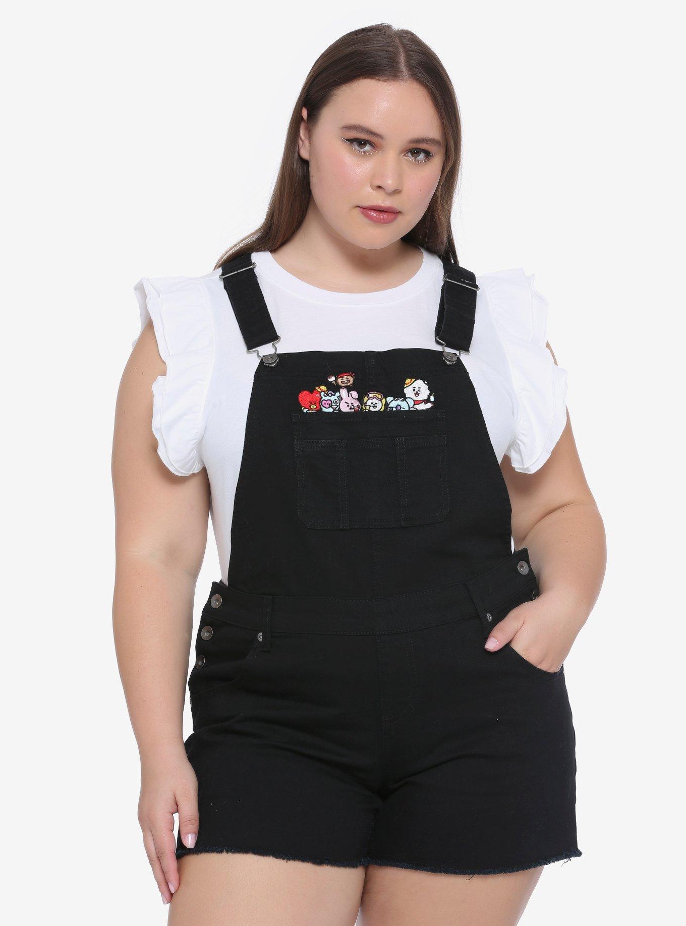 BT21 Embroidered Shortalls Plus Size, BLACK, hi-res