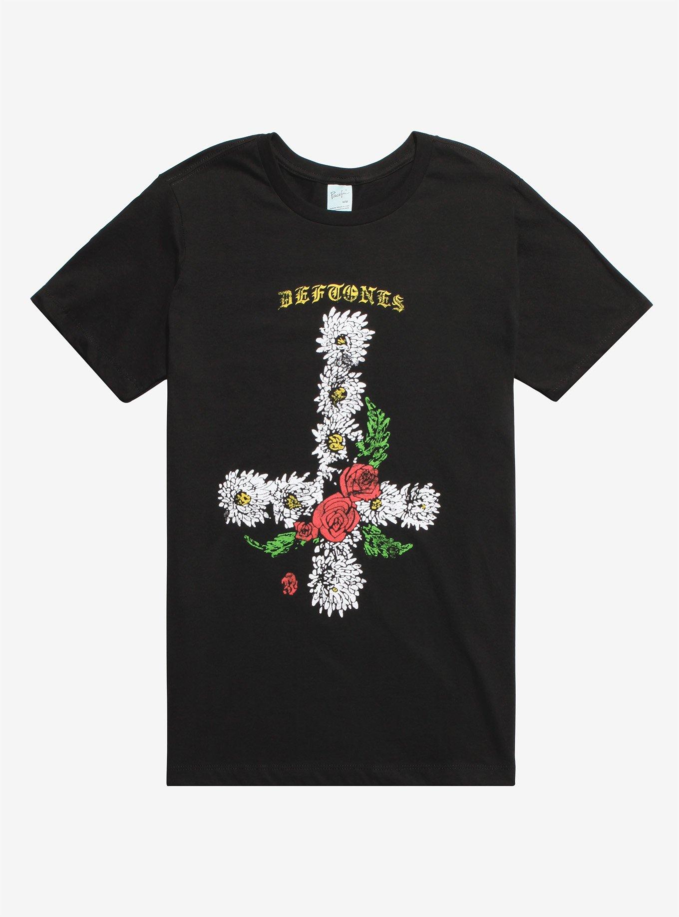 Deftones Floral Upside Down Cross T-Shirt, BLACK, hi-res
