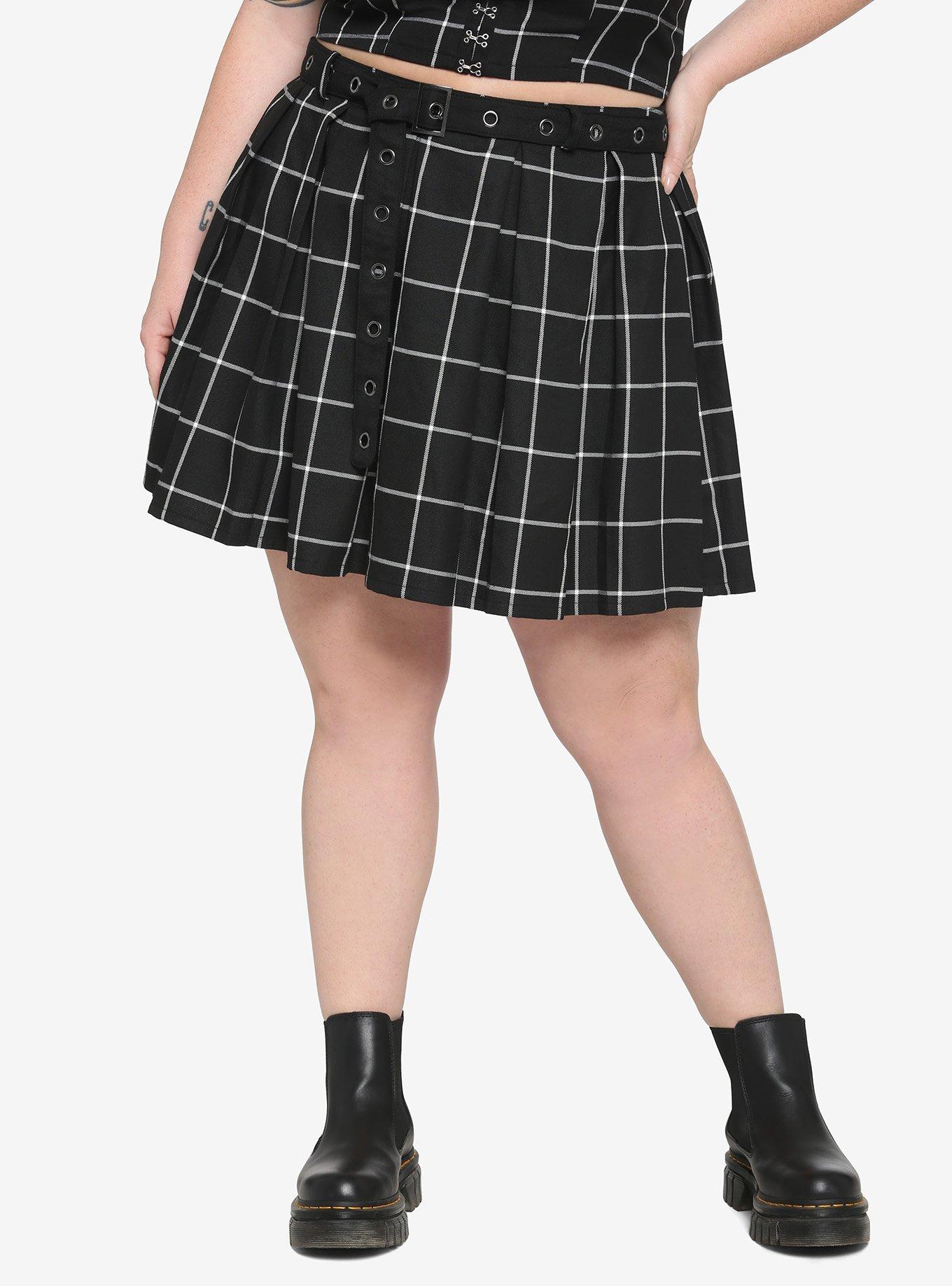 Black & White Plaid Pleated Skirt With Grommet Belt Plus Size, PLAID, hi-res