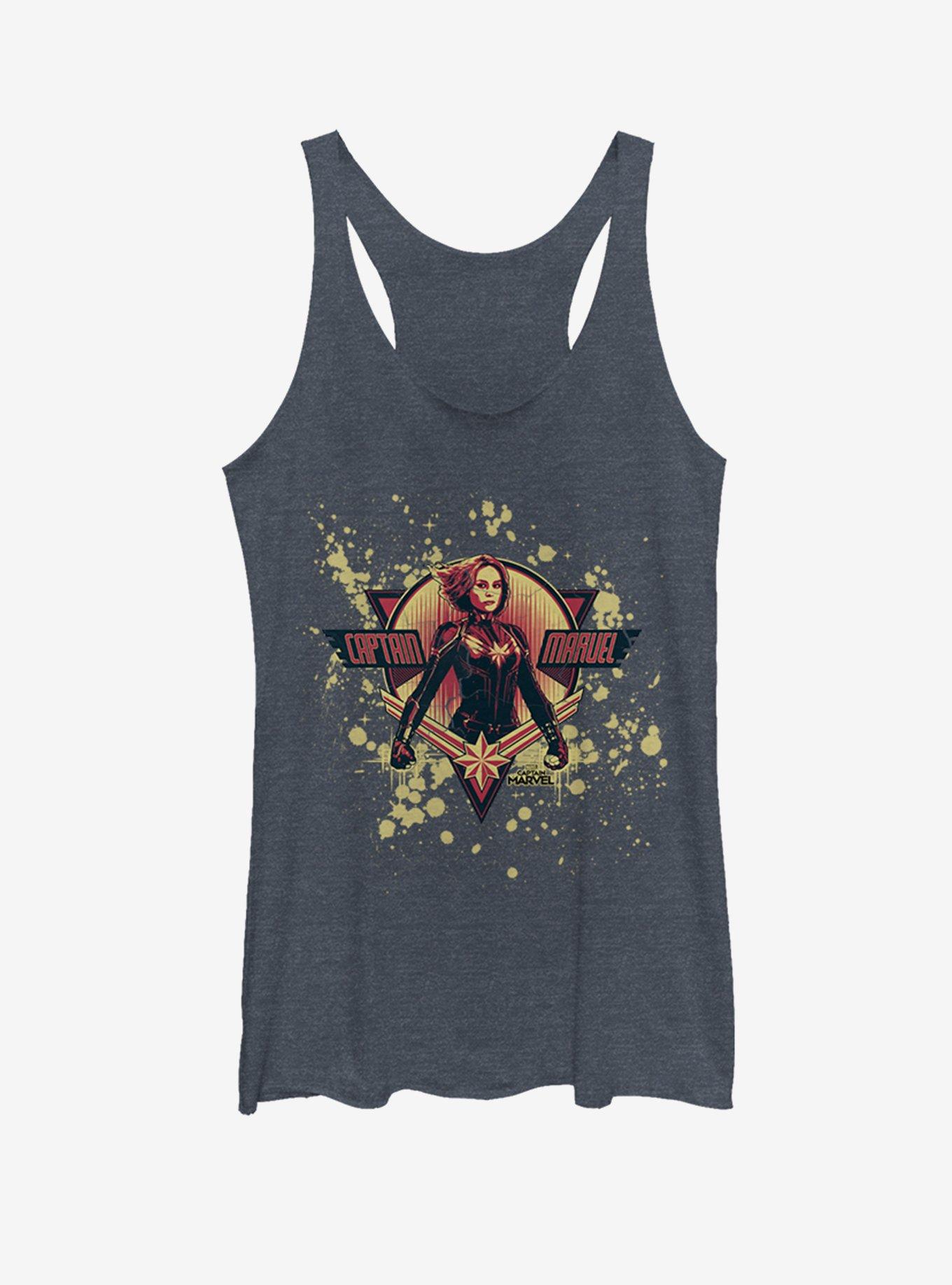 Marvel Captain Marvel Splatter Grunge Logo Womens Tank Top, NAVY HTR, hi-res