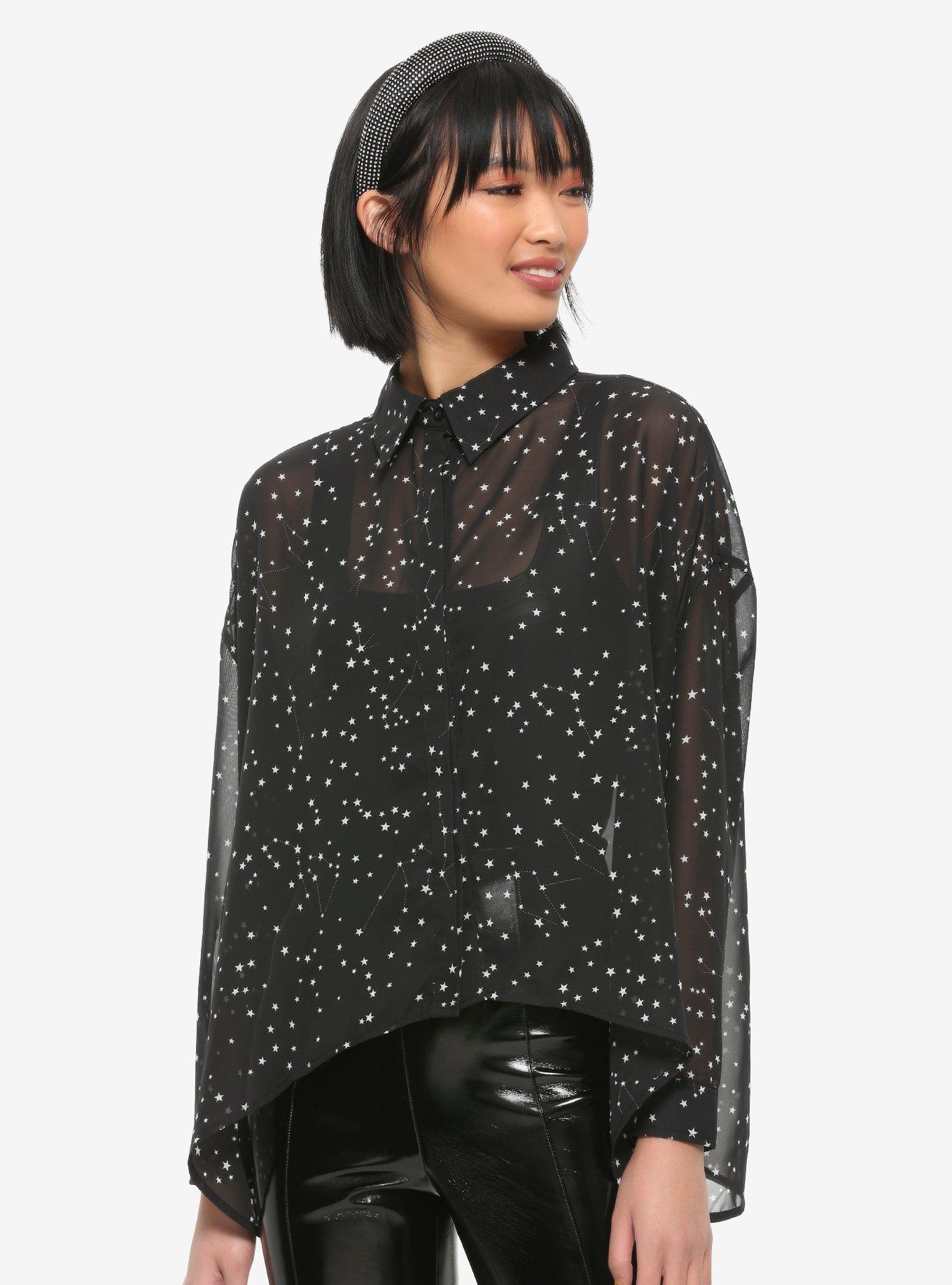 Star Print Girls Oversized Long-Sleeve Woven Top, WHITE, hi-res