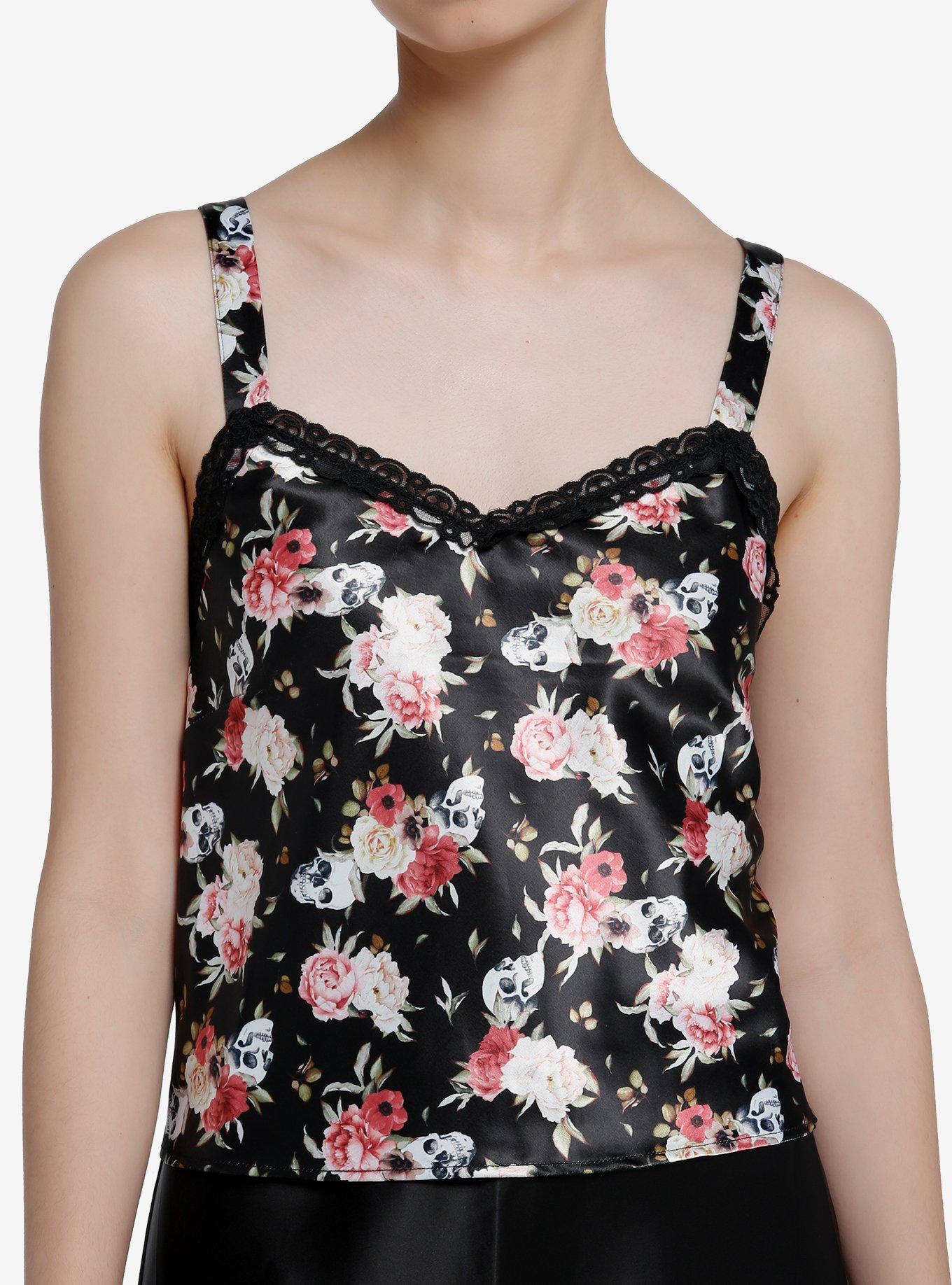 Skull & Flowers Satin & Lace Girls Strappy Tank Top