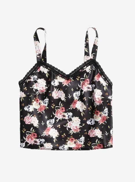 Skull & Flowers Satin & Lace Girls Strappy Tank Top Plus Size | Hot Topic